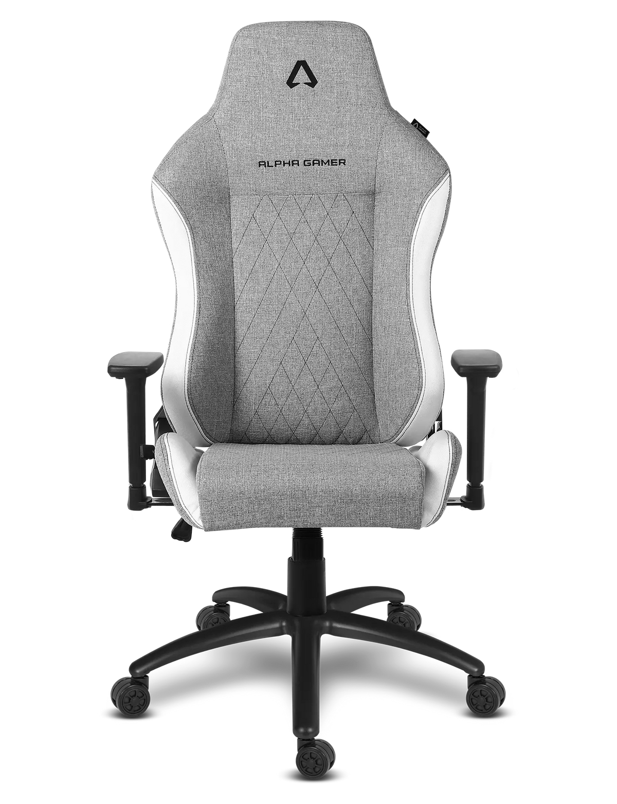 Silla gamer gris con acolchado blanco de acento y base de estrella negra con ruedas.
