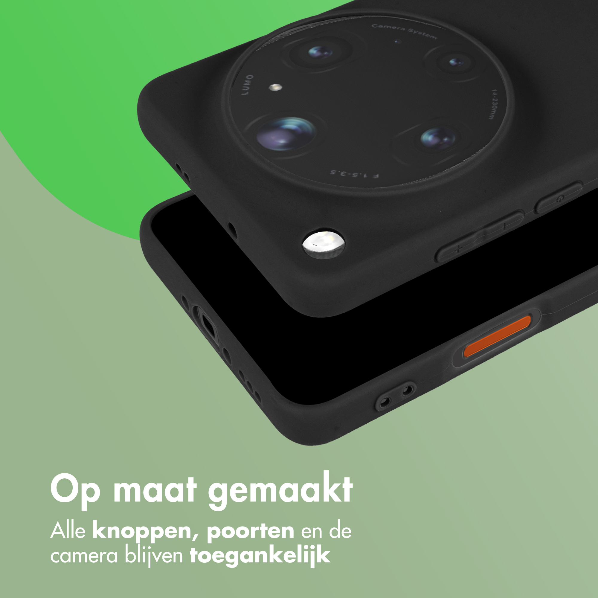 Coque de téléphone noire avec découpe caméra sur fond vert.