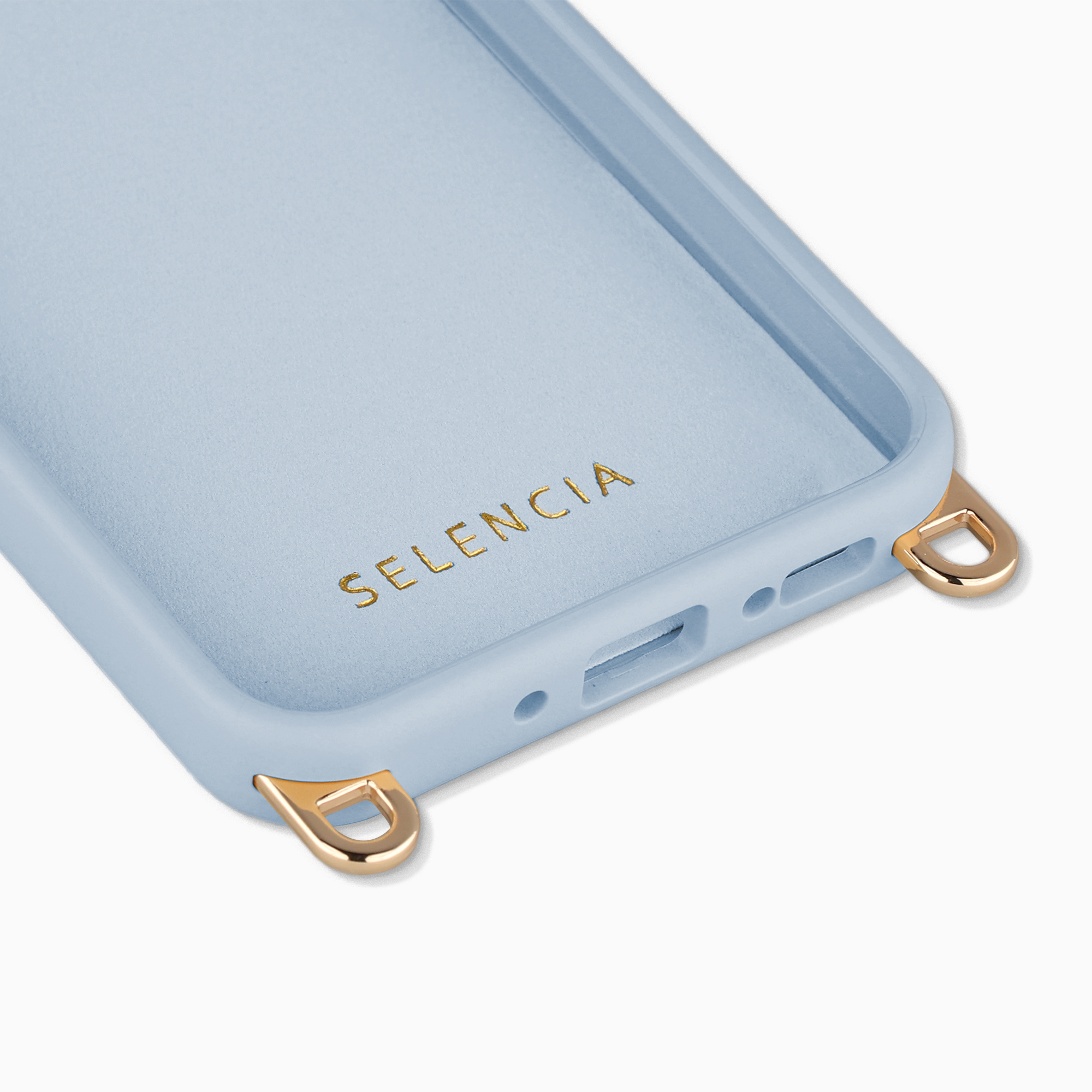 Hellblaue Handyhülle mit goldenen Akzenten und Schriftzug 'SELENCIA'.