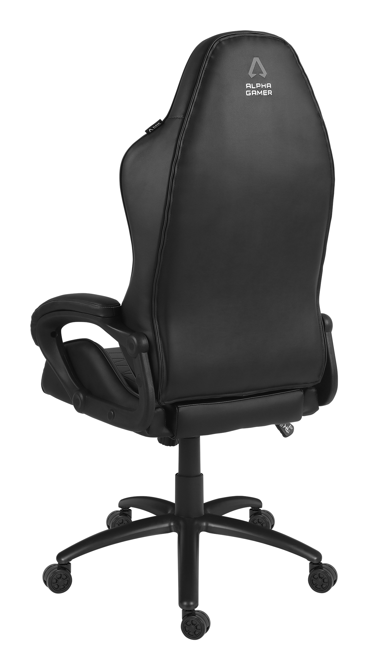 Schwarzer Gaming-Stuhl mit Kopfstütze, Armlehnen, Rädern und Logo.