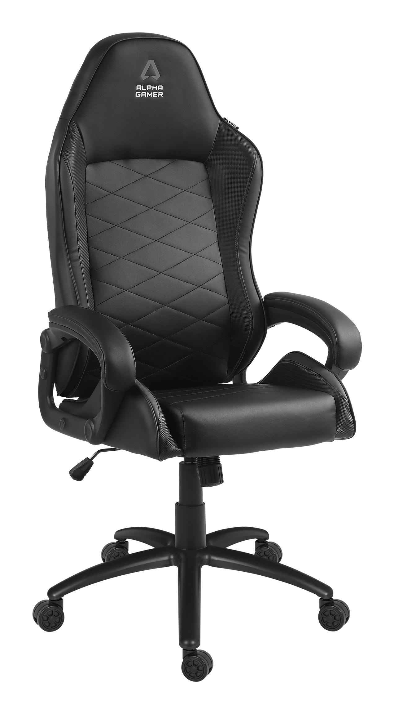 Schwarzer Gaming-Stuhl mit Diamantsteppung, verstellbaren Armlehnen und Rollen.