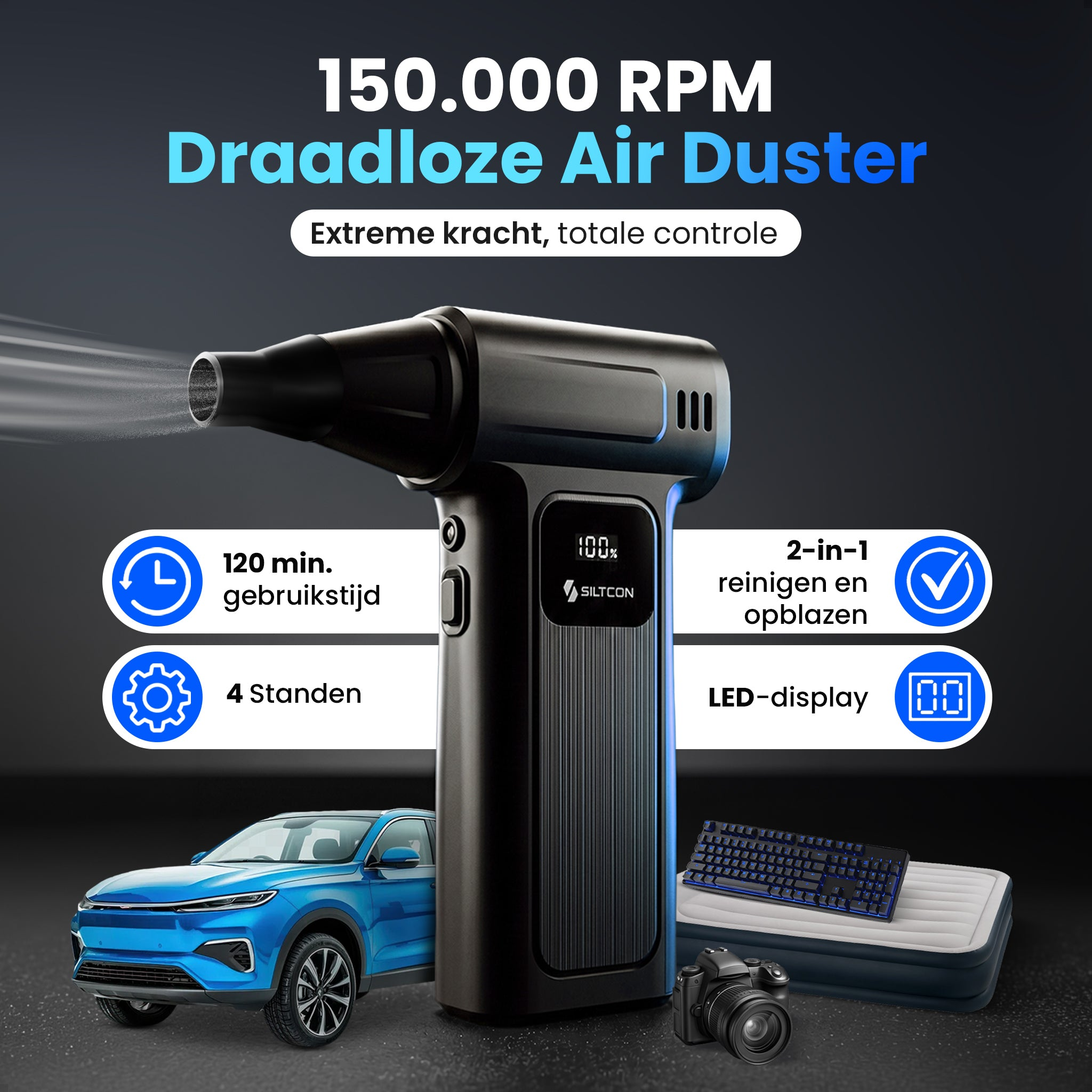 Cordless air duster 150k RPM, blue car, keyboard, air mattress, camera.