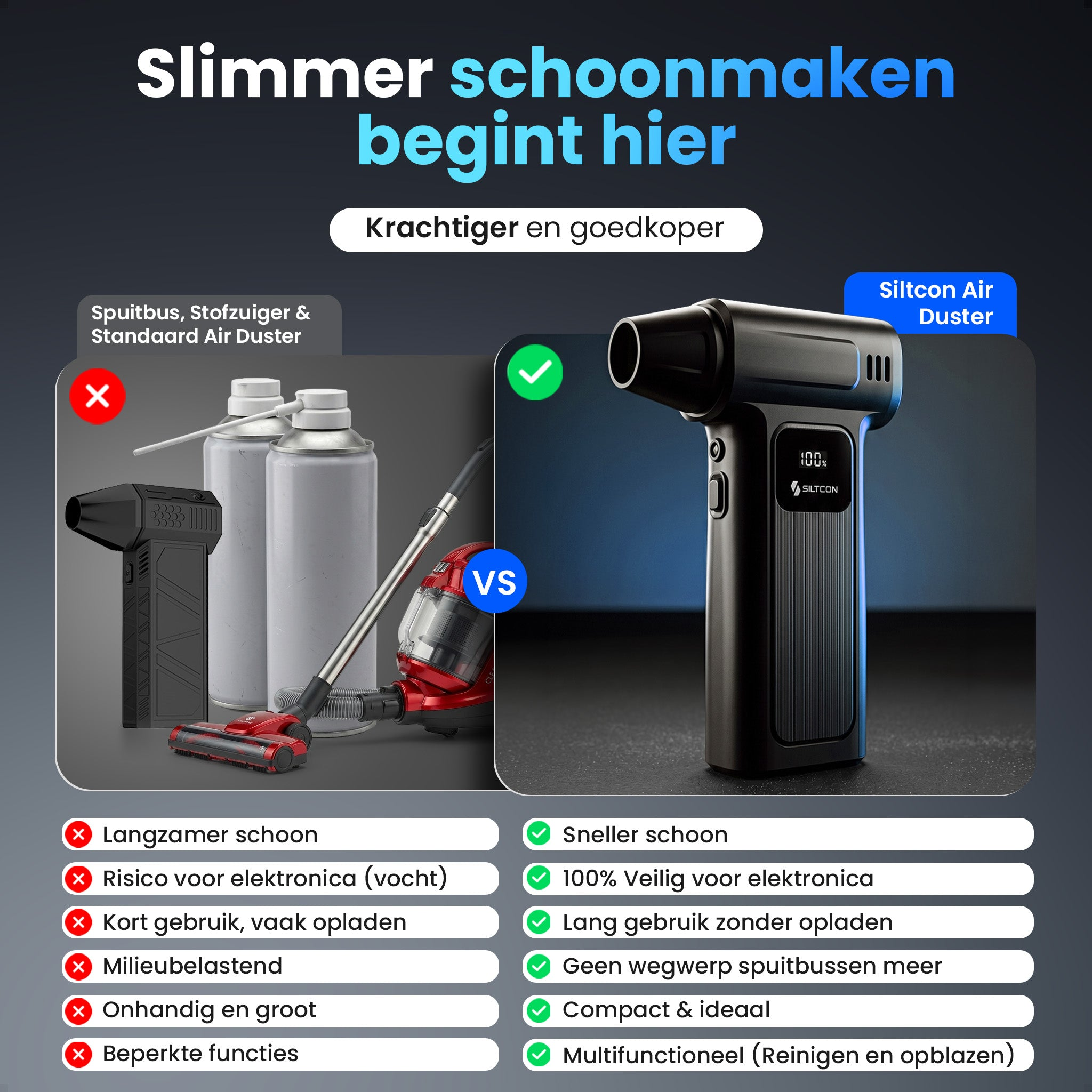 Comparison: Air duster, vacuum vs. Siltcon Air Duster. Left side has X, right side has checkmark.