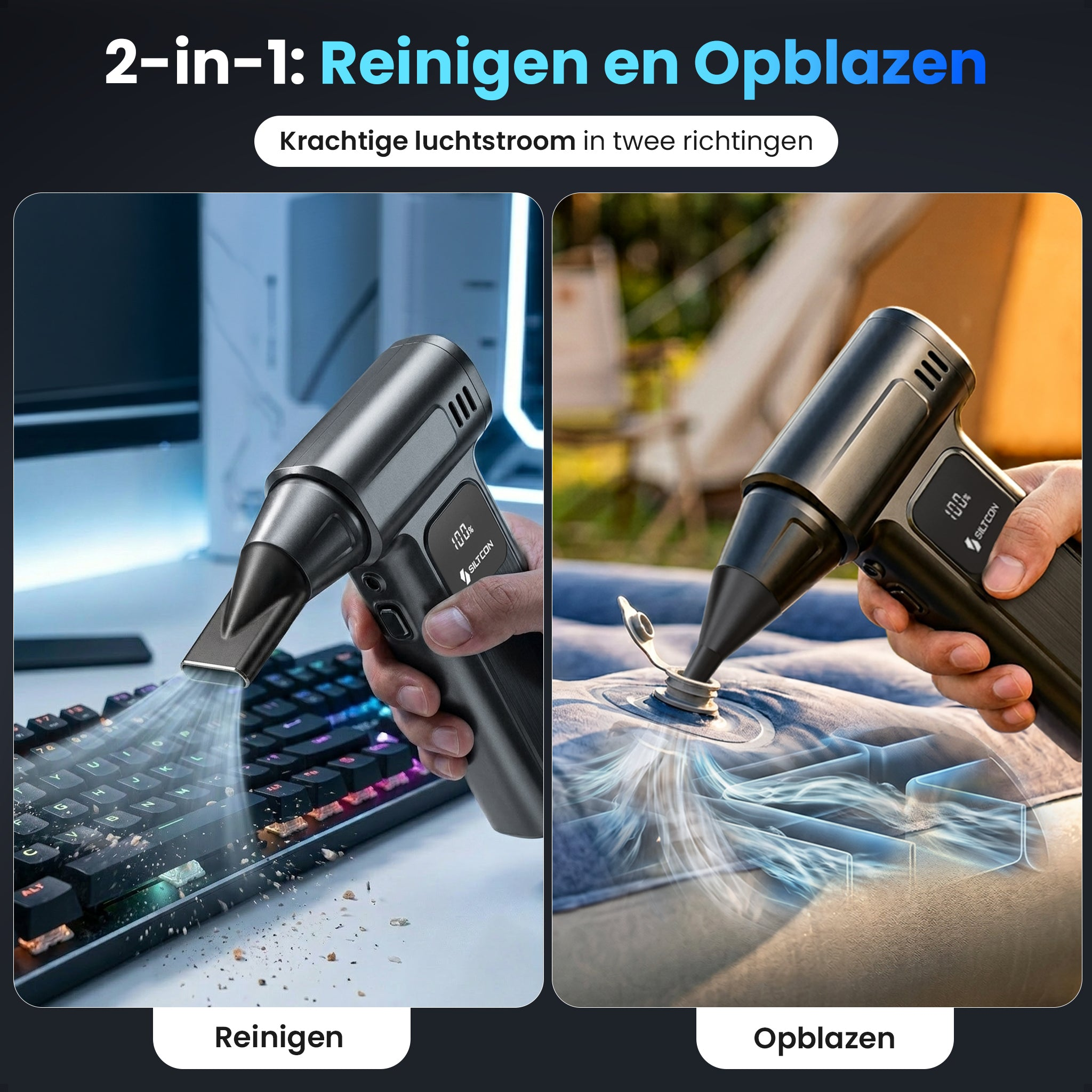 A handheld vacuum cleans a keyboard and inflates an air mattress.