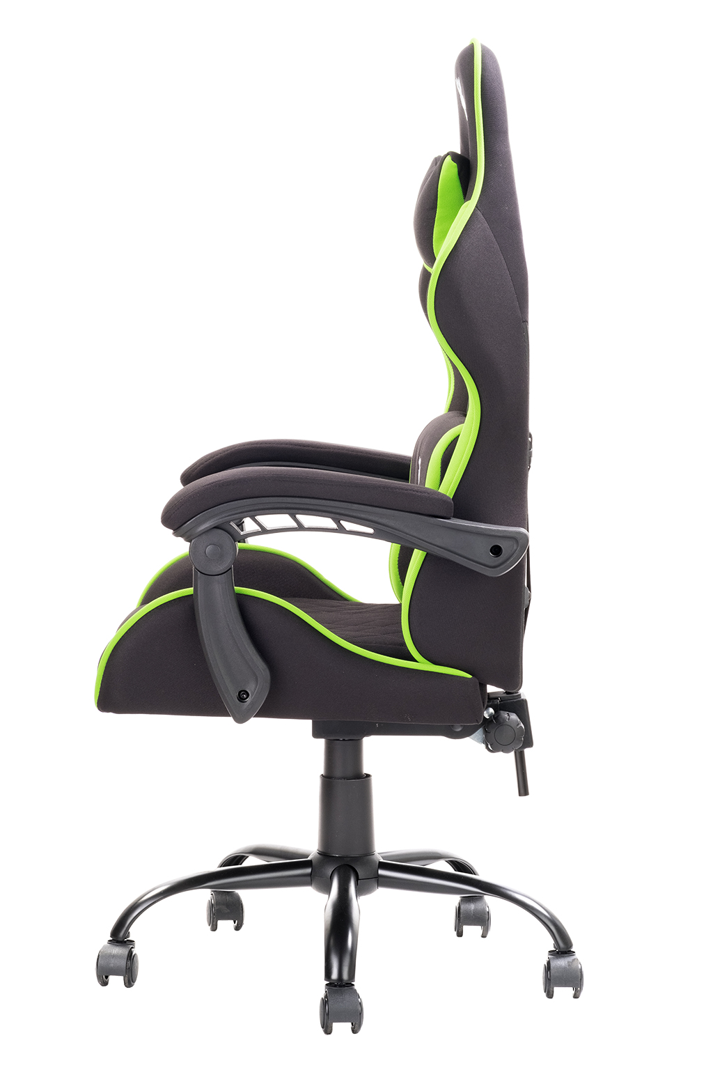 Schwarzer Gaming-Stuhl mit neongrünen Akzenten, von der Seite gesehen.