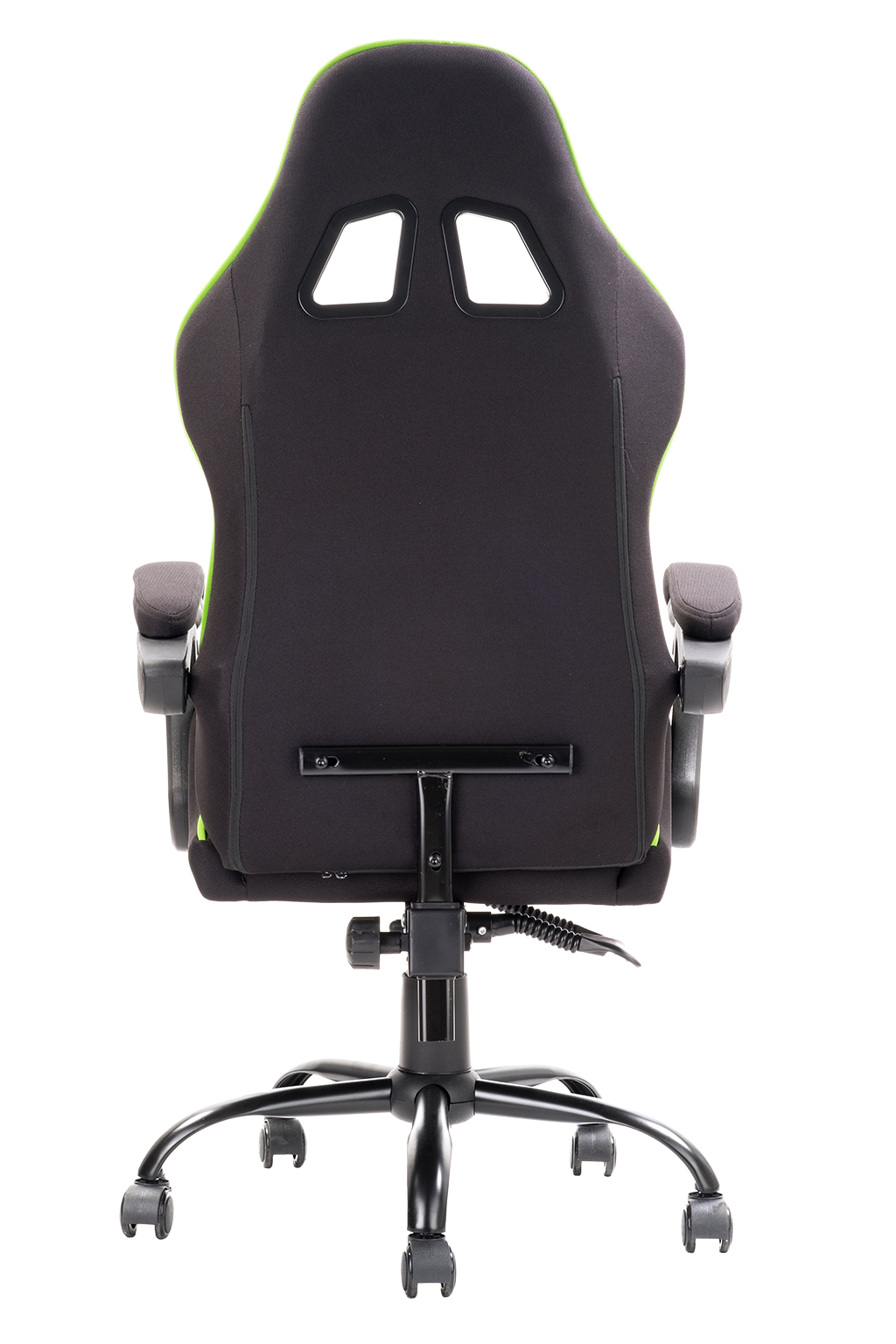 Schwarzer Gaming-Stuhl mit grünen Akzenten und zwei Aussparungen