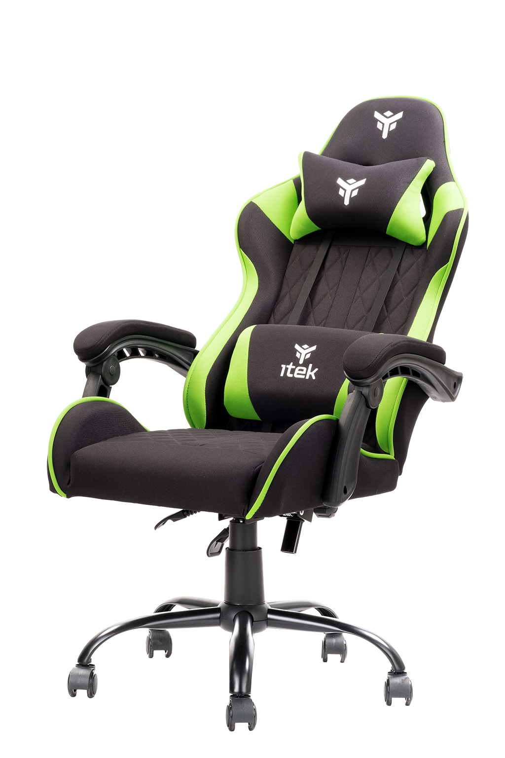Ein schwarzer und neongrüner Gaming-Stuhl mit Kopfstütze und Lendenkissen.