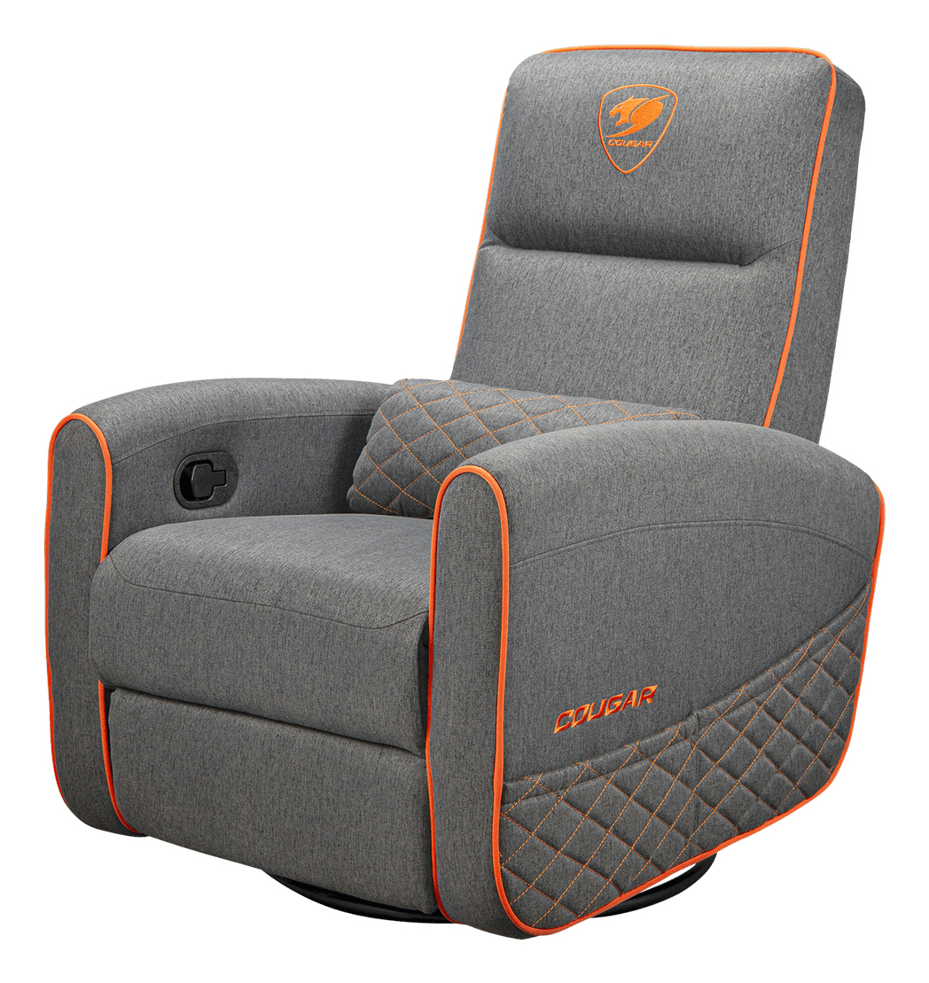 Grauer Gaming-Sessel mit orangefarbenen Akzenten und Logo.