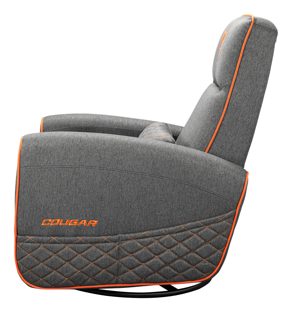 Grauer Gaming-Stuhl mit orangefarbenen Akzenten und "Cougar"-Logo.