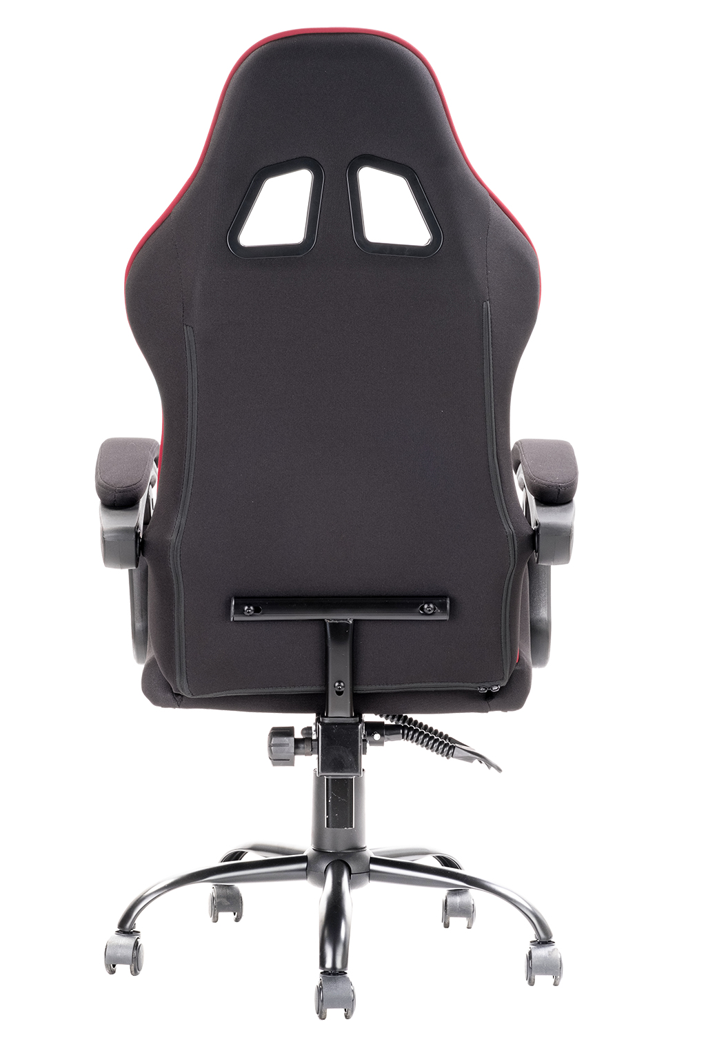 Rückansicht eines schwarzen Gaming-Stuhls mit roten Akzenten und zwei Aussparungen.