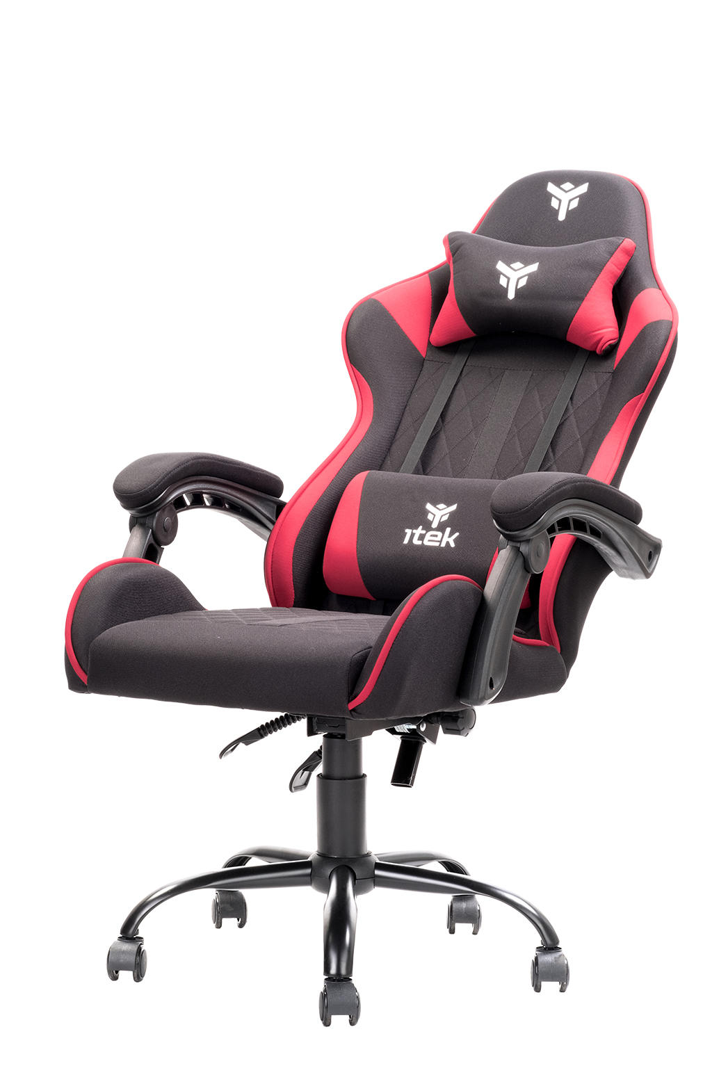 Ein schwarzer Gaming-Stuhl mit roten Akzenten und einem Logo auf dem Kopfkissen.