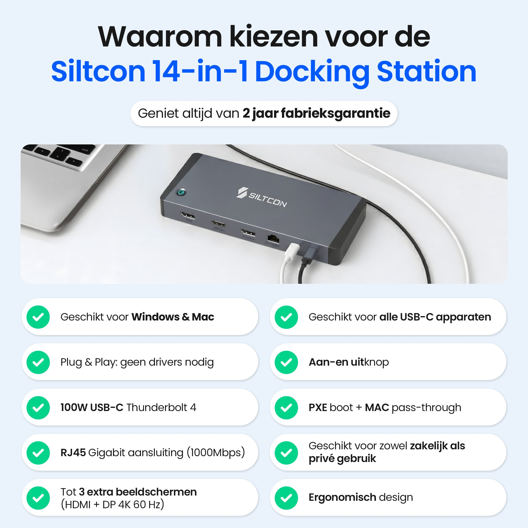 A Siltcon 14-in-1 docking station with ports, next to a laptop.