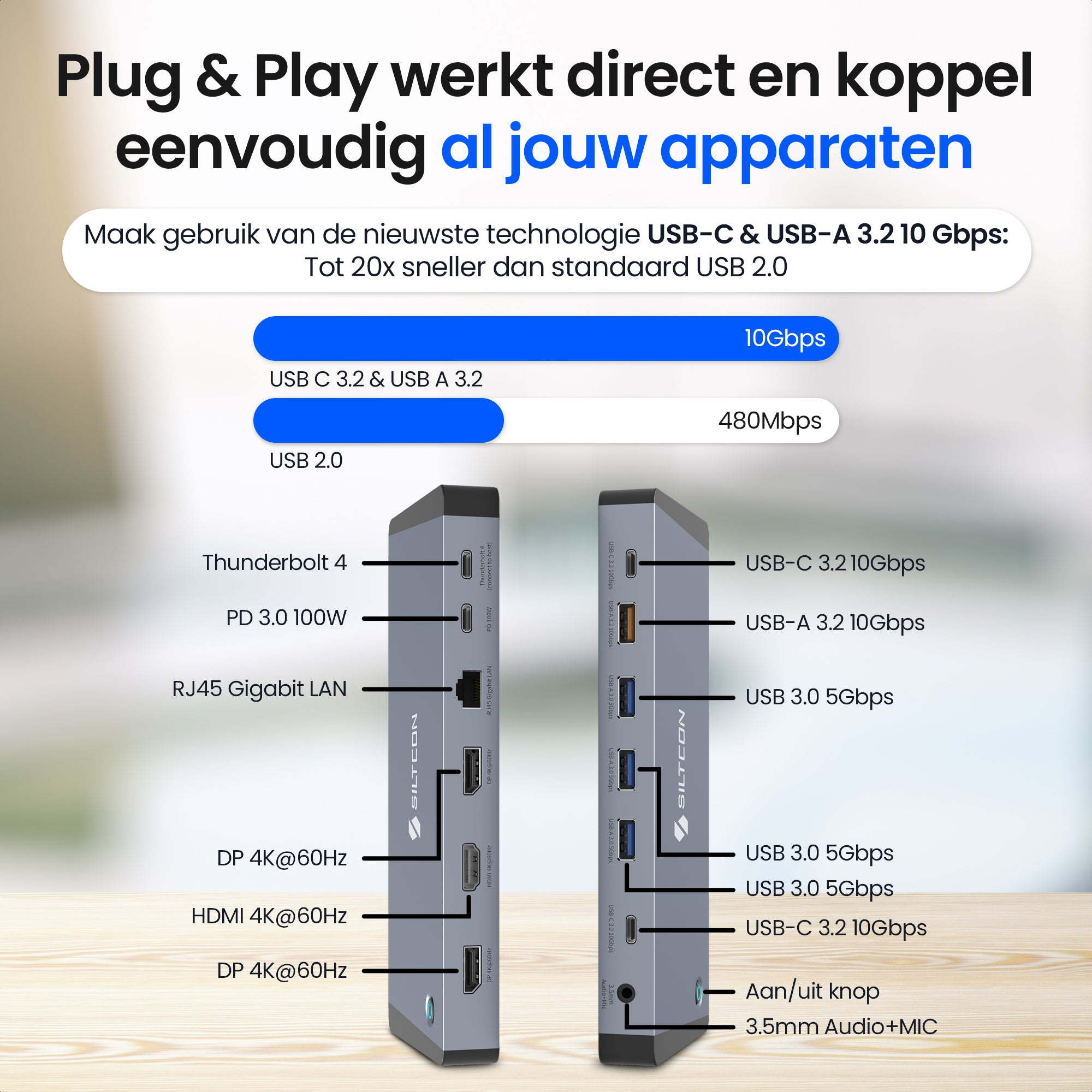 Deux stations d'accueil grises avec plusieurs ports : Thunderbolt, USB-C, USB-A, HDMI, DP, RJ45.