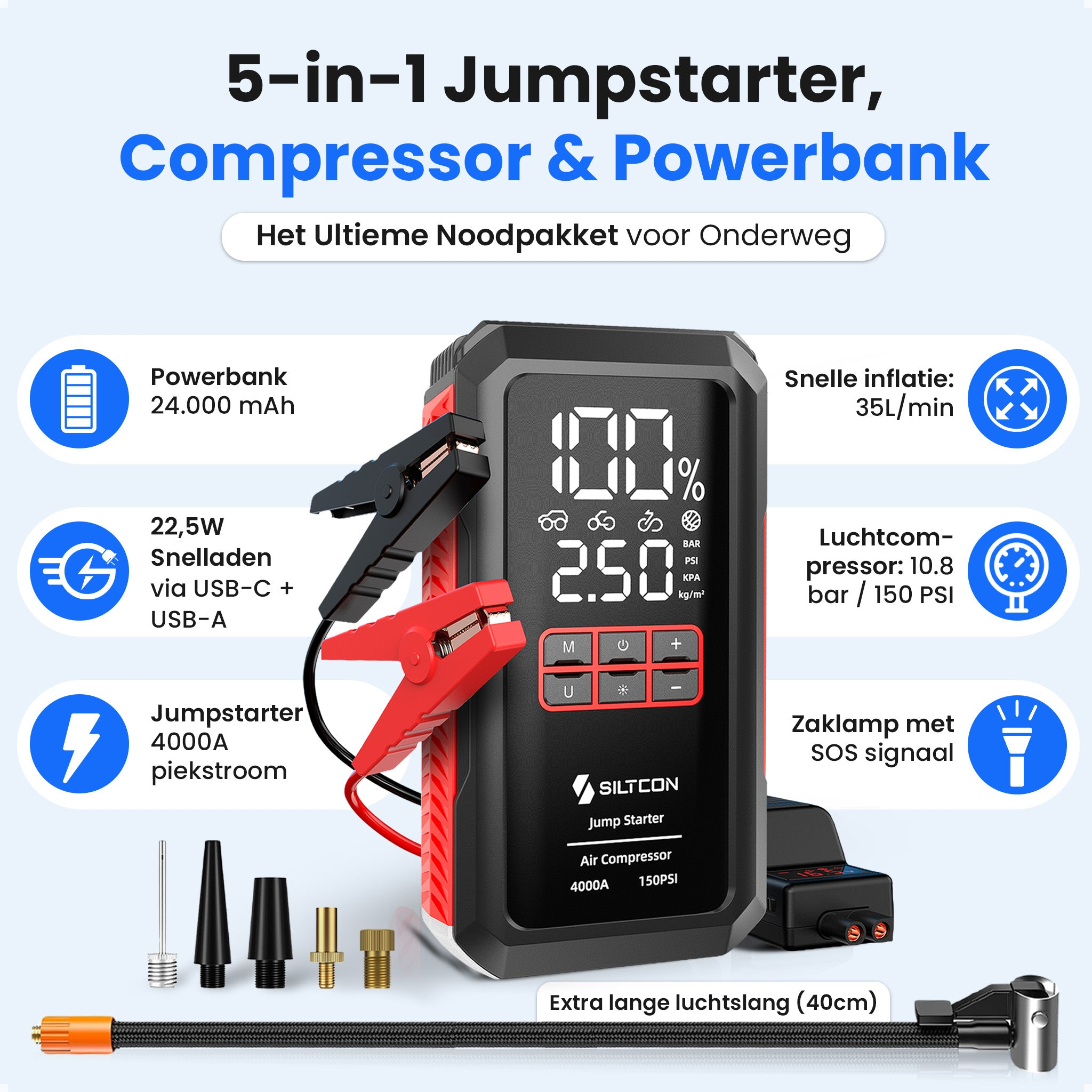5-in-1 Jumpstarter: Powerbank, Compressor, Lamp. Met accessoires.