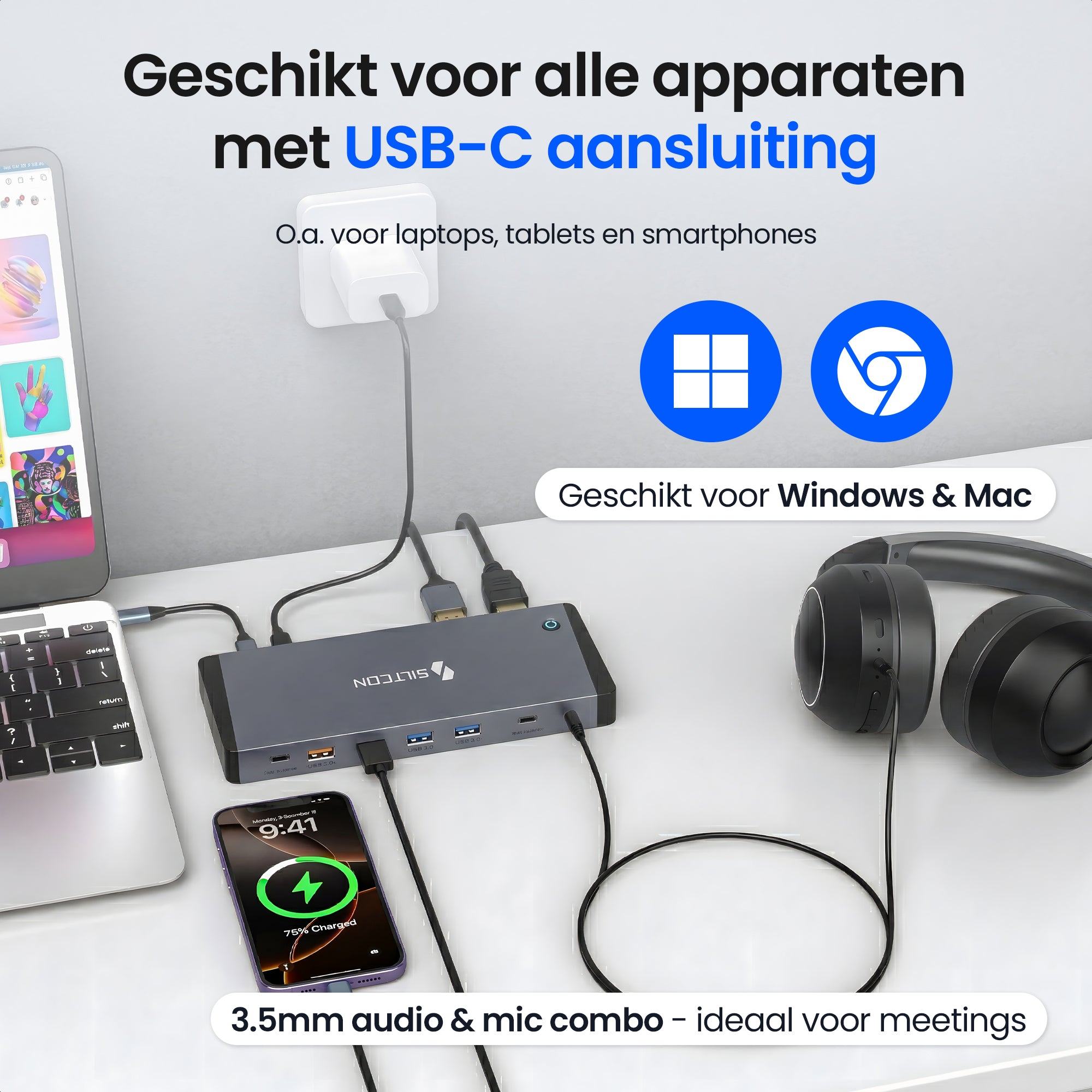 Hub USB-C gris avec ordinateur portable, smartphone, casque et câbles de charge.