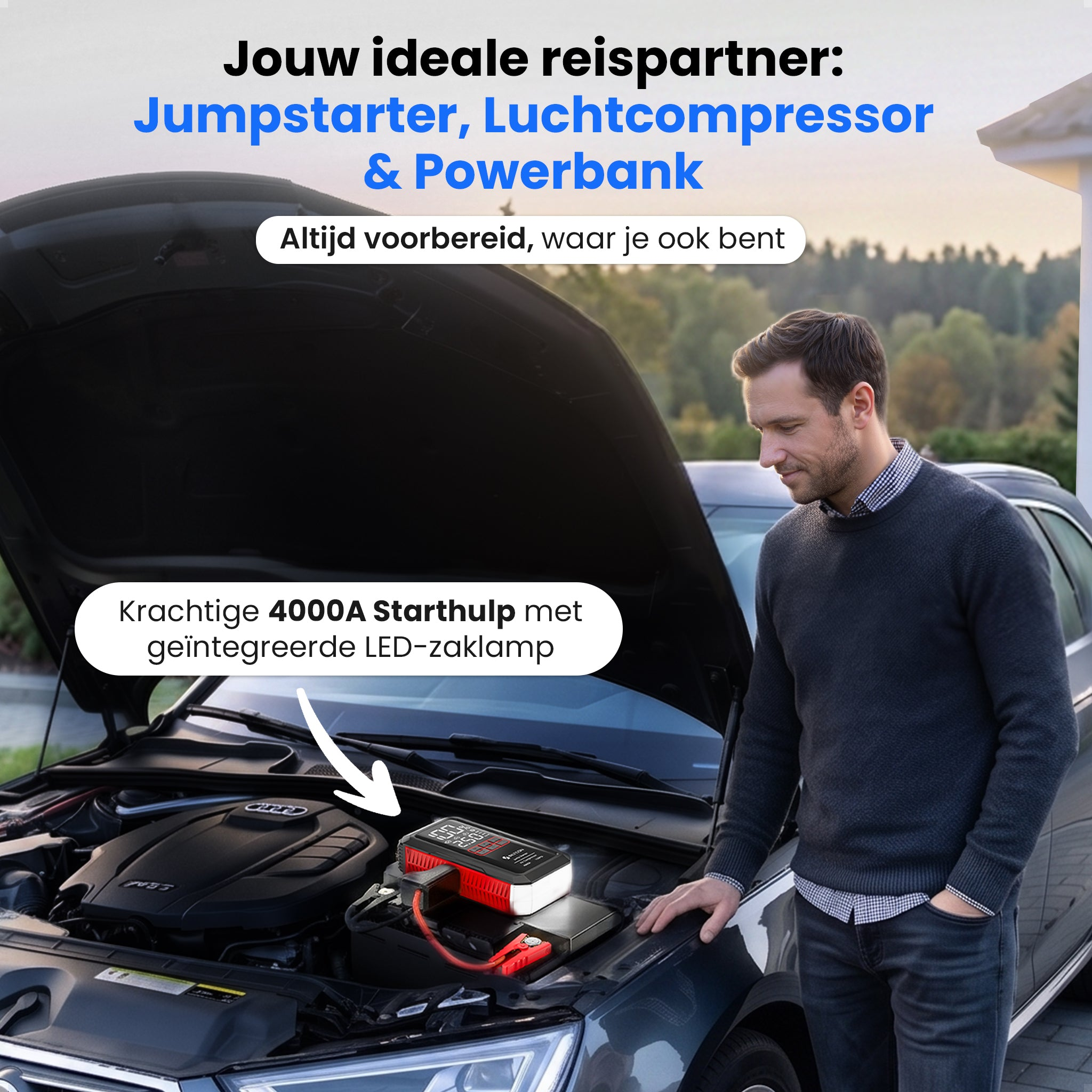 Man met open autokap toont jumpstarter met rode klemmen.