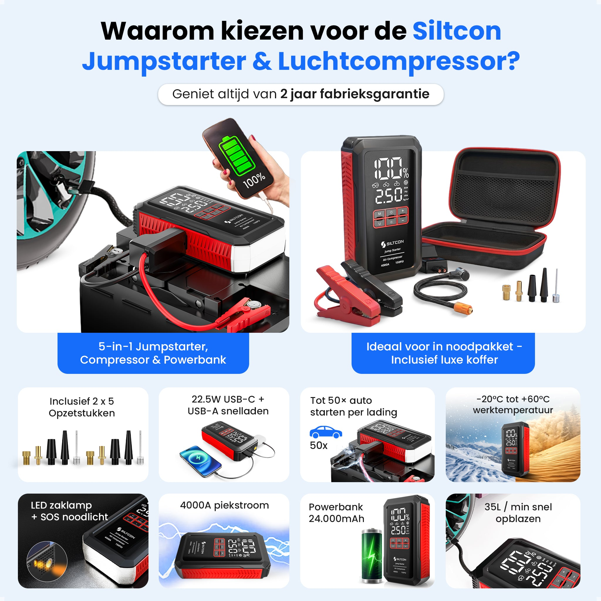 Siltcon jump starter, luchtcompressor en powerbank met accessoires en hand met telefoon.