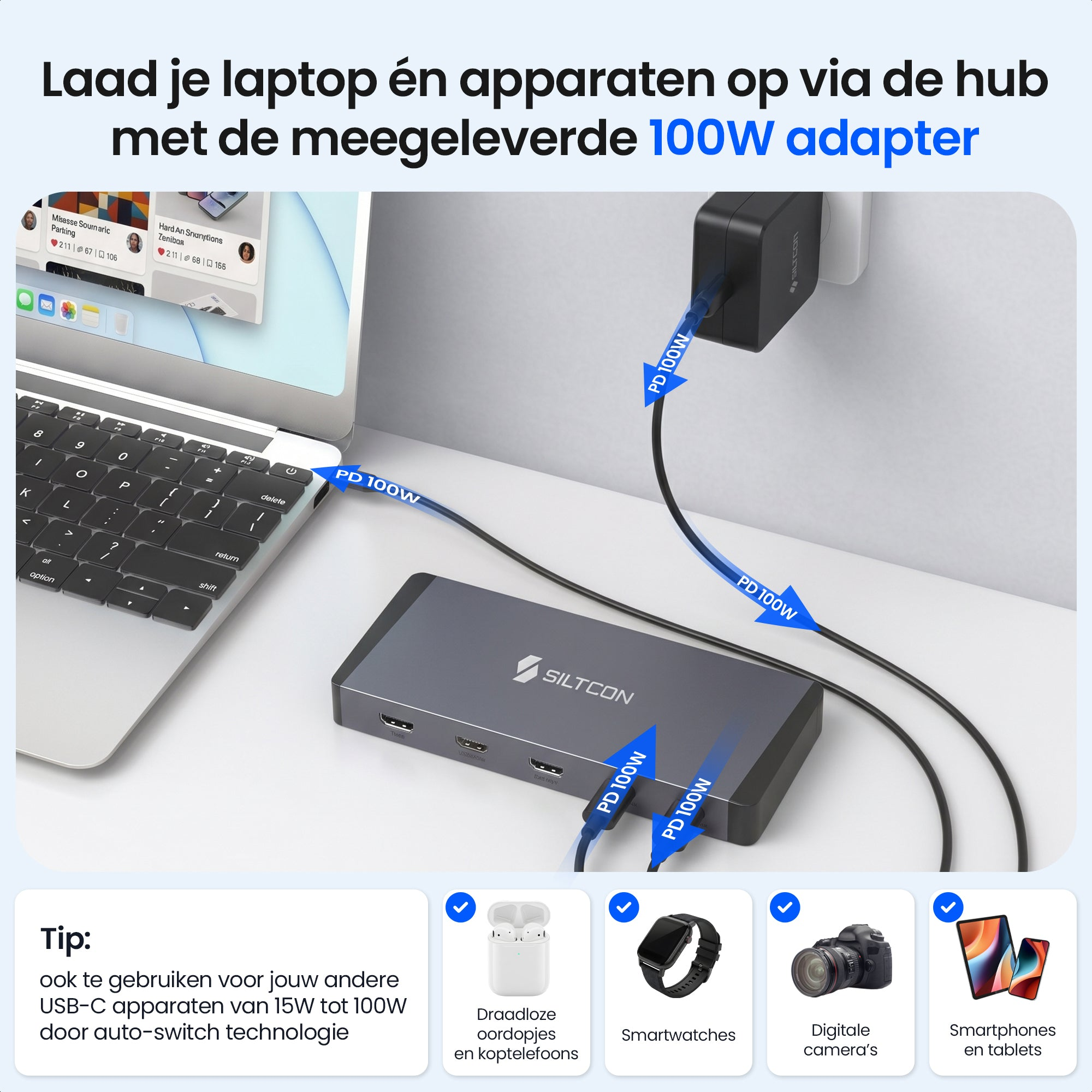 Un ordinateur portable, un adaptateur secteur, un hub USB-C et des appareils tels que des écouteurs, montres, appareils photo et téléphones.