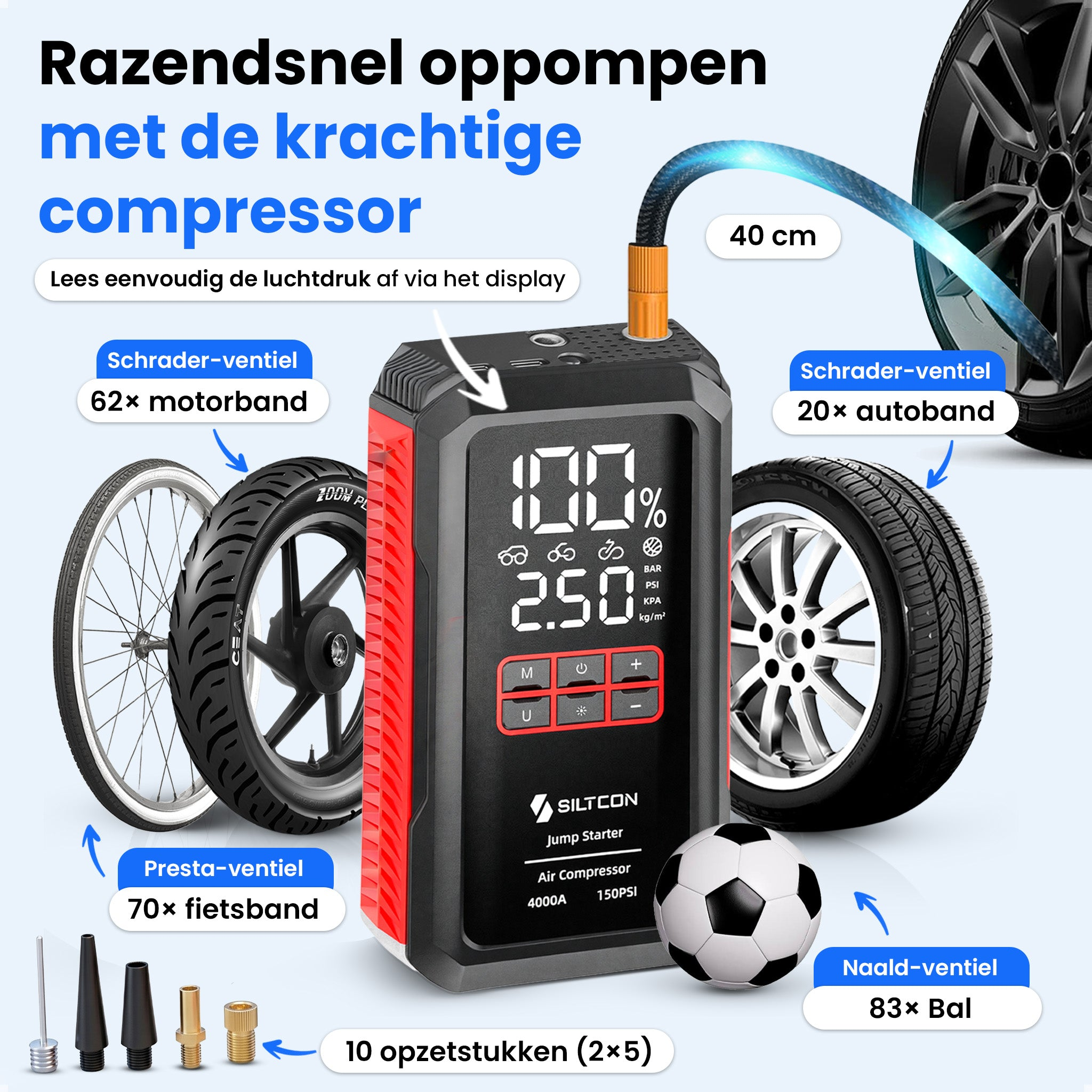 Een draagbare compressor met accessoires en banden, die luchtdruk toont.
