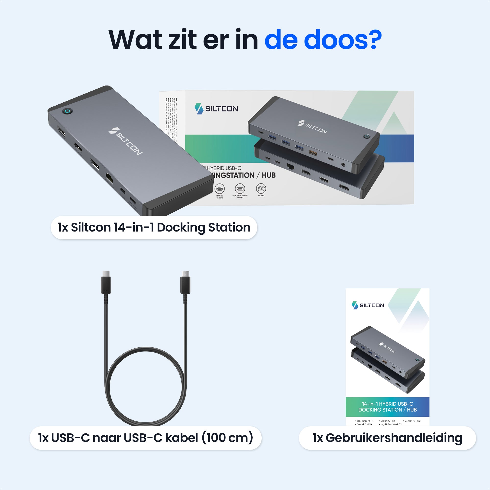 A gray Siltcon 14-in-1 USB-C docking station, USB-C cable, and manual.