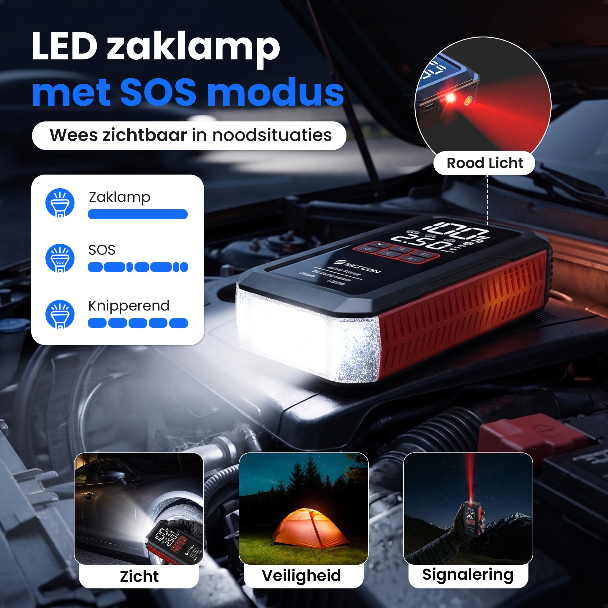 LED zaklamp met SOS-modus, toont drie functies: zaklamp, SOS en knipperend.