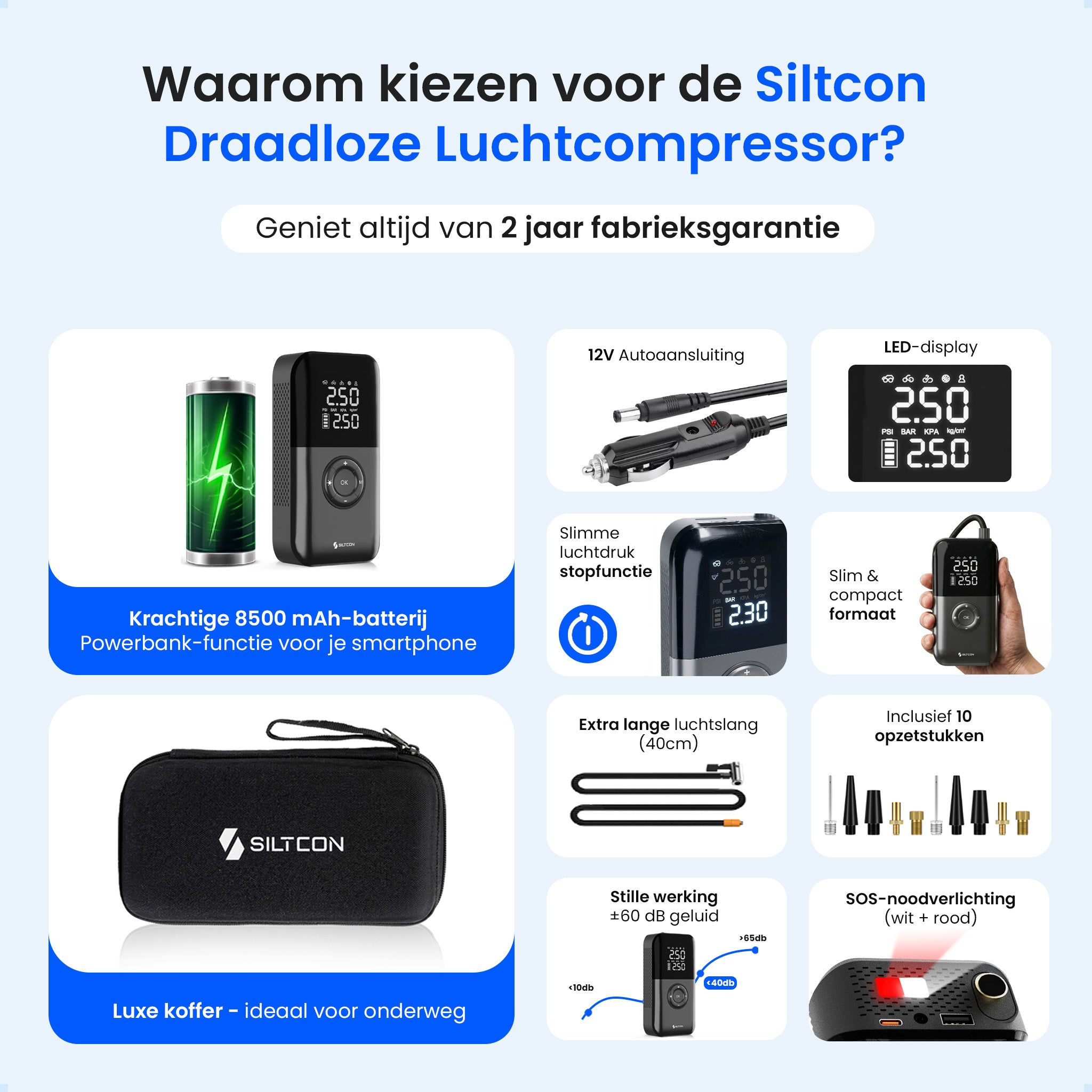 Een Siltcon draadloze luchtcompressor met batterij, koffer en accessoires.