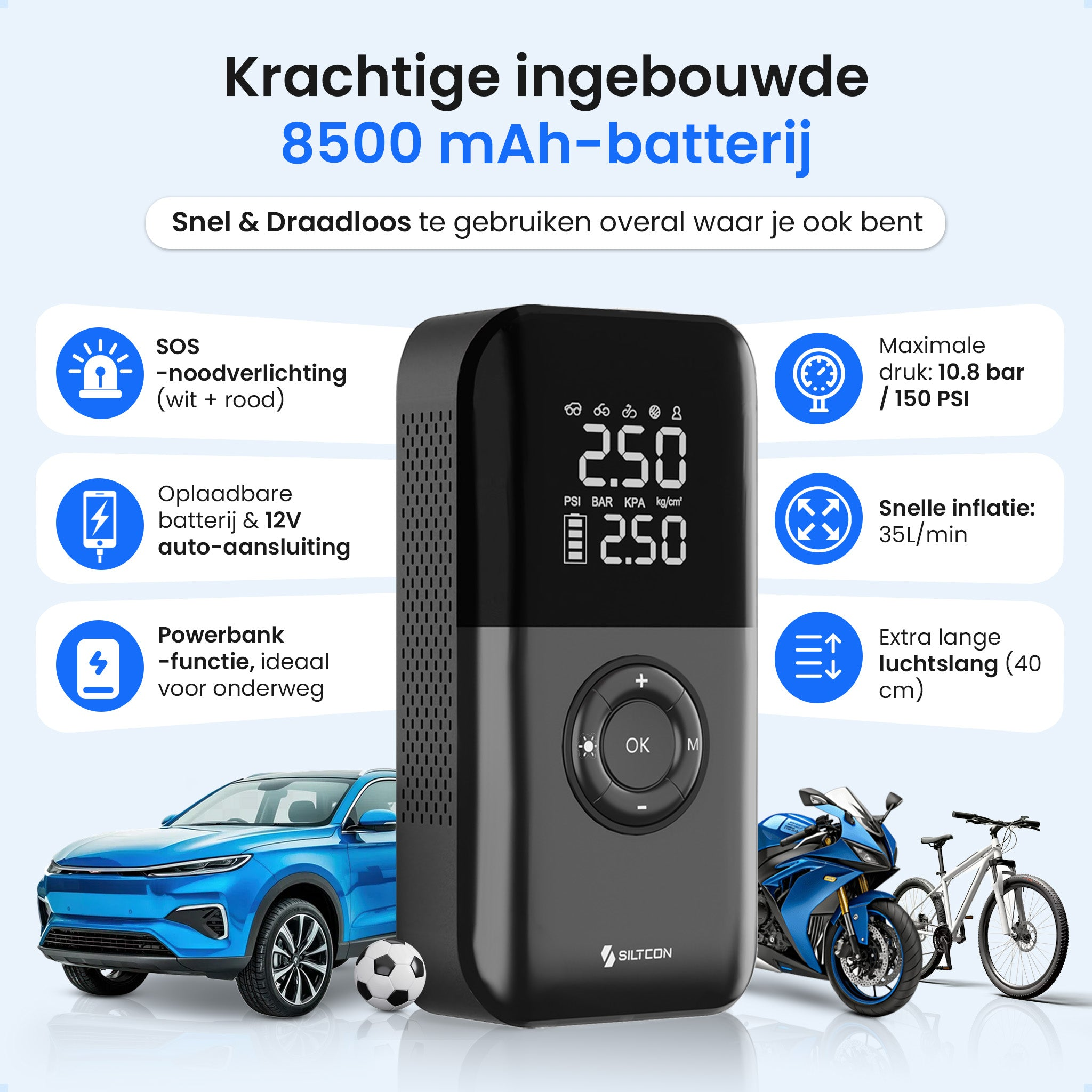 Zwarte luchtcompressor met digitaal display, naast een blauwe SUV, motor en fiets.