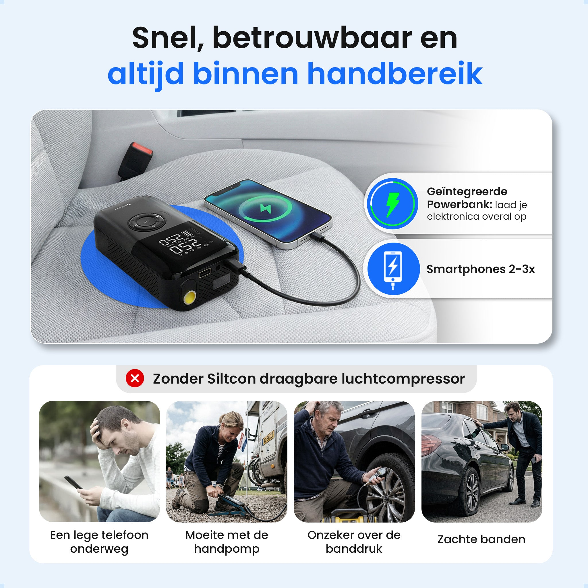 Een draagbare compressor laadt een telefoon op in een auto. Onder: problemen zonder.