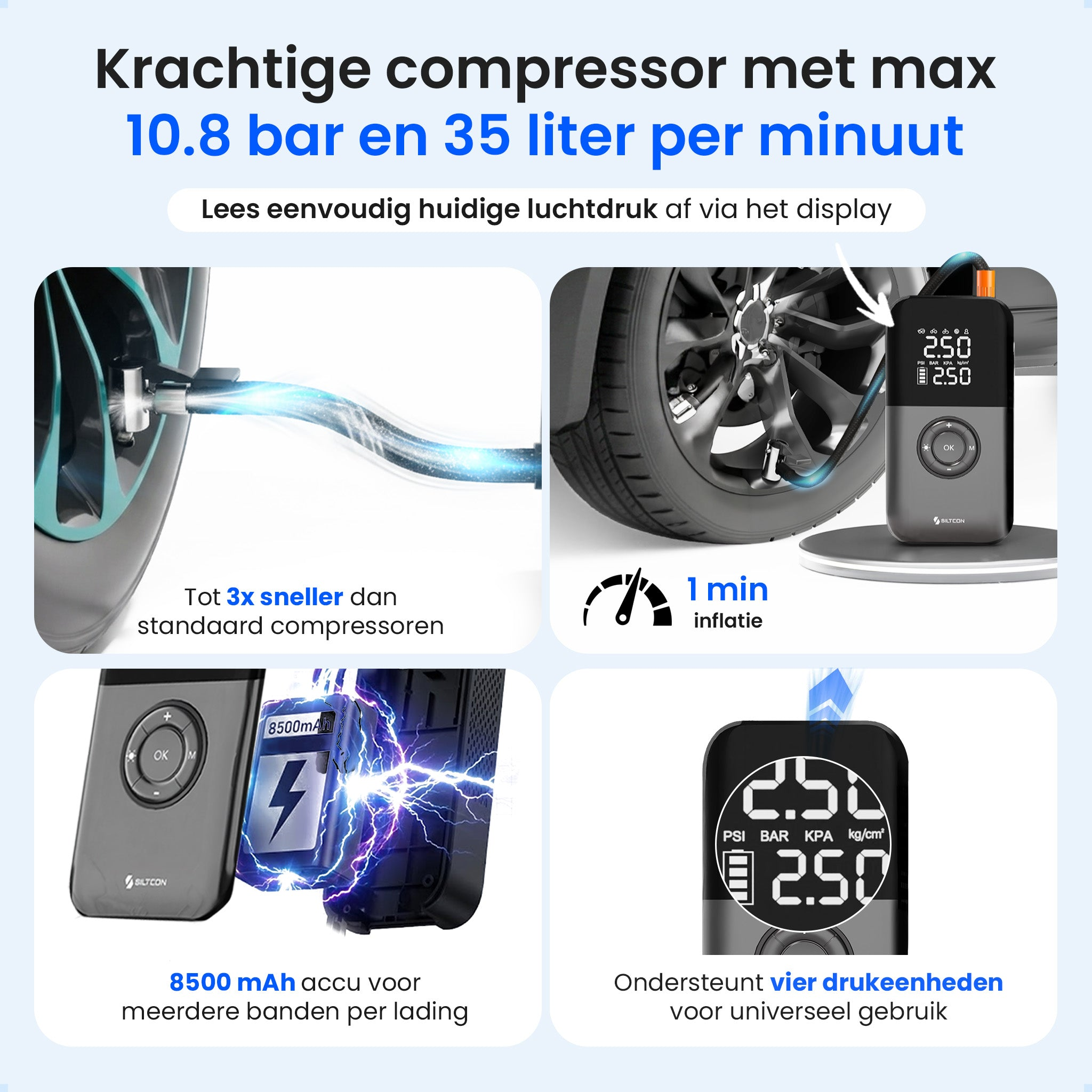 Een compressor met display, toont 10,8 bar, 35 l/min. 8500mAh accu.