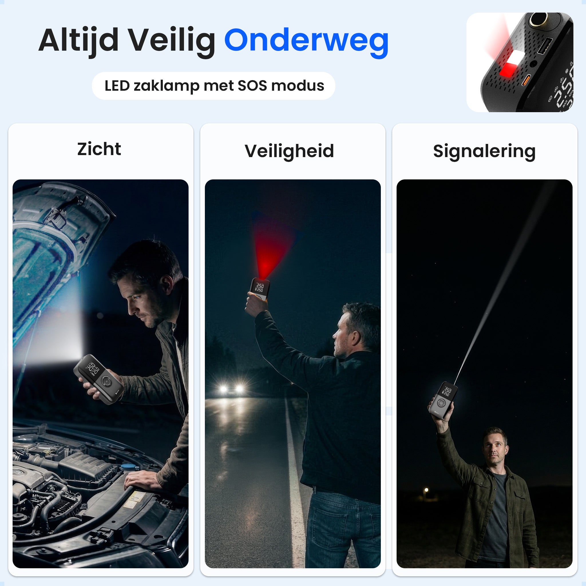 Man repareert auto met lamp; man met rood licht; man met zaklamp in het donker.