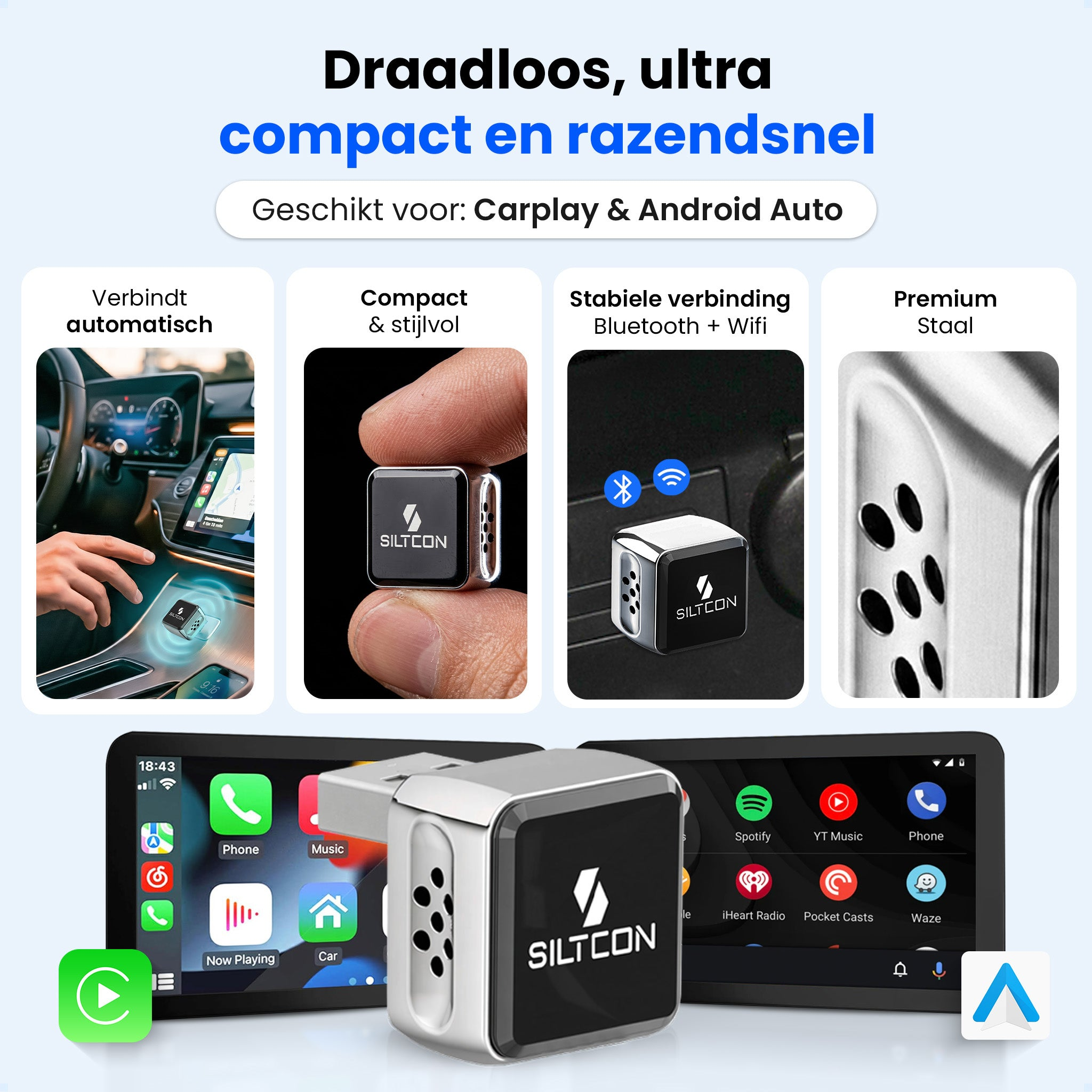 Reclamebeeld van een compact, draadloos auto-apparaat dat CarPlay/Android Auto ondersteunt.