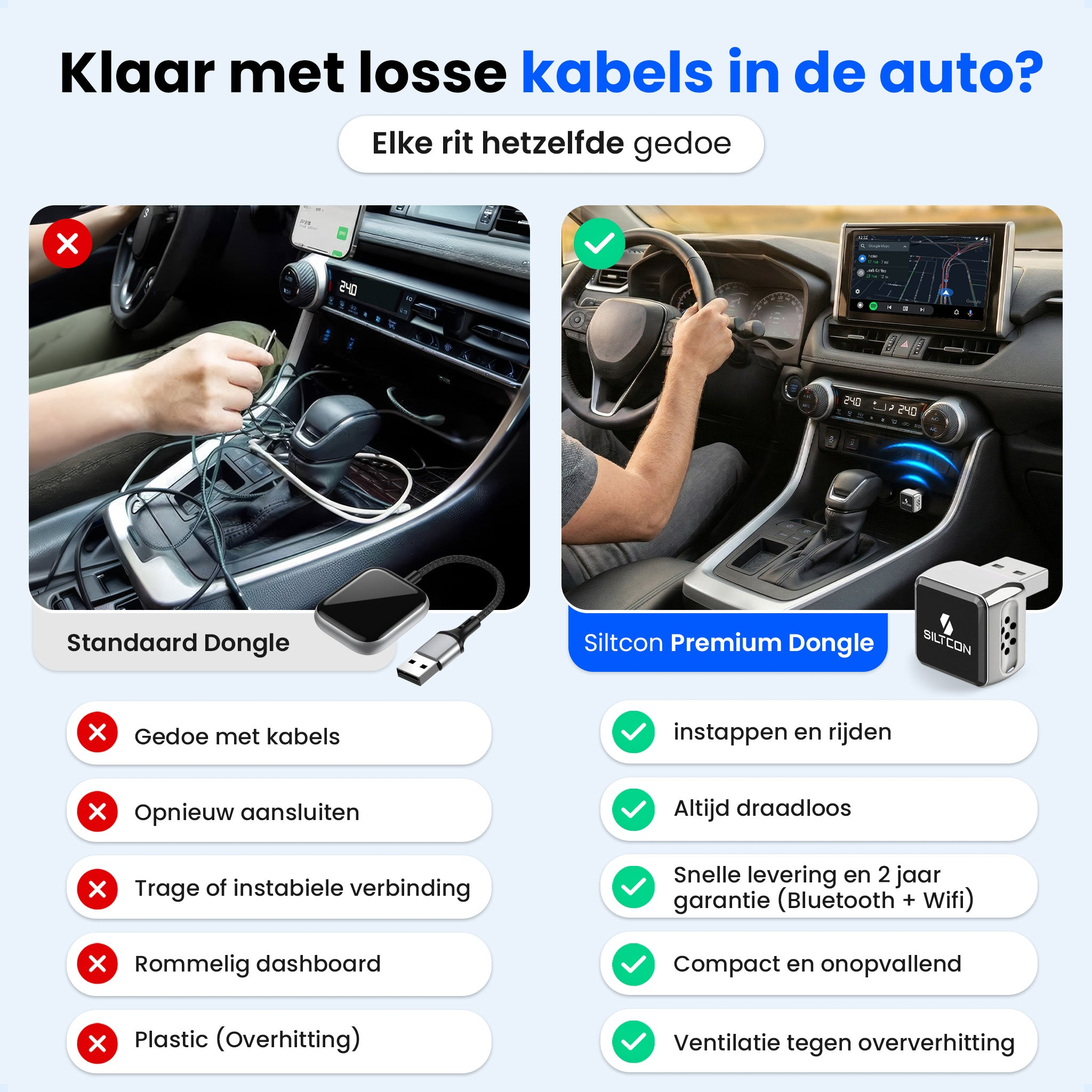 Autodongle vergelijking: rommelige kabels vs. draadloze oplossing.