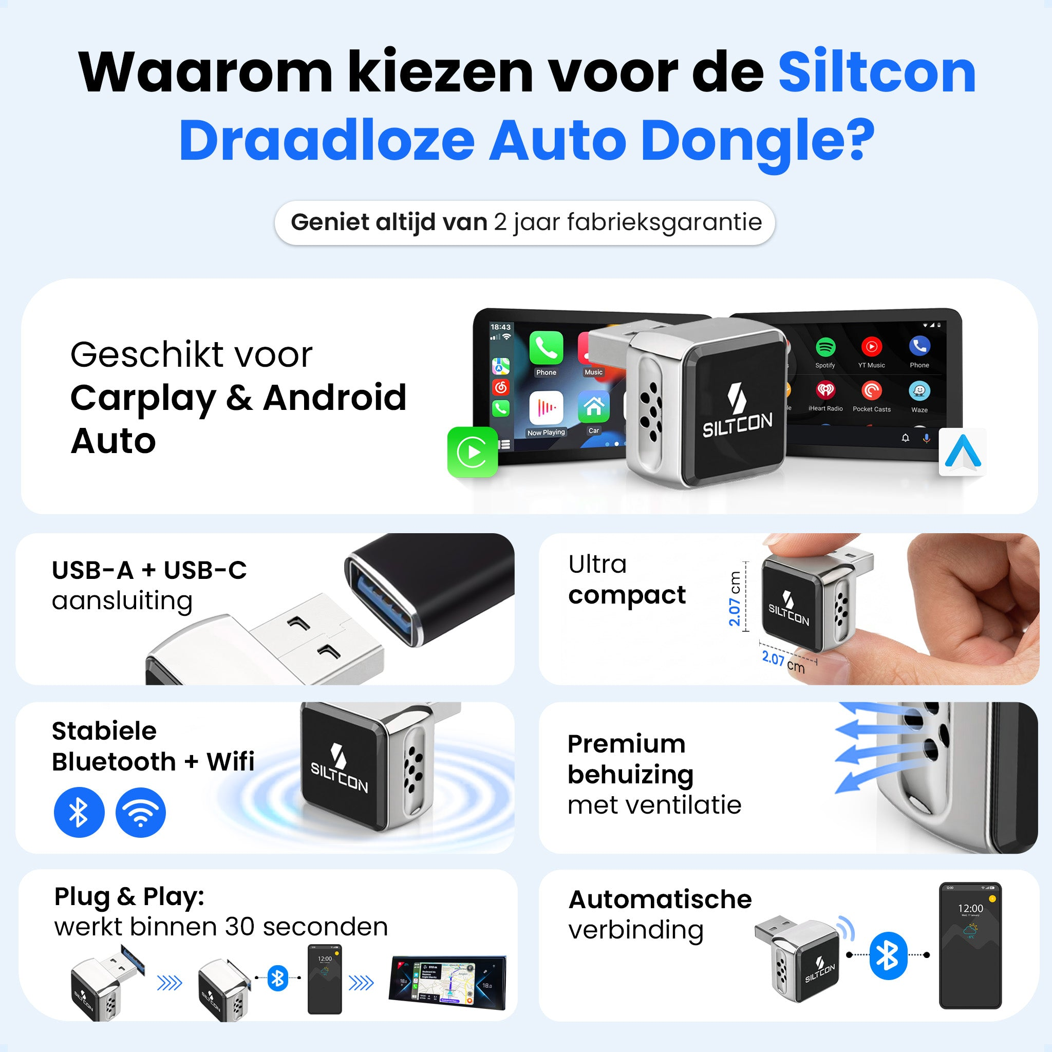 Siltcon Auto Dongle: Compact, Carplay/Android Auto, USB-A/C, Bluetooth, Wifi.