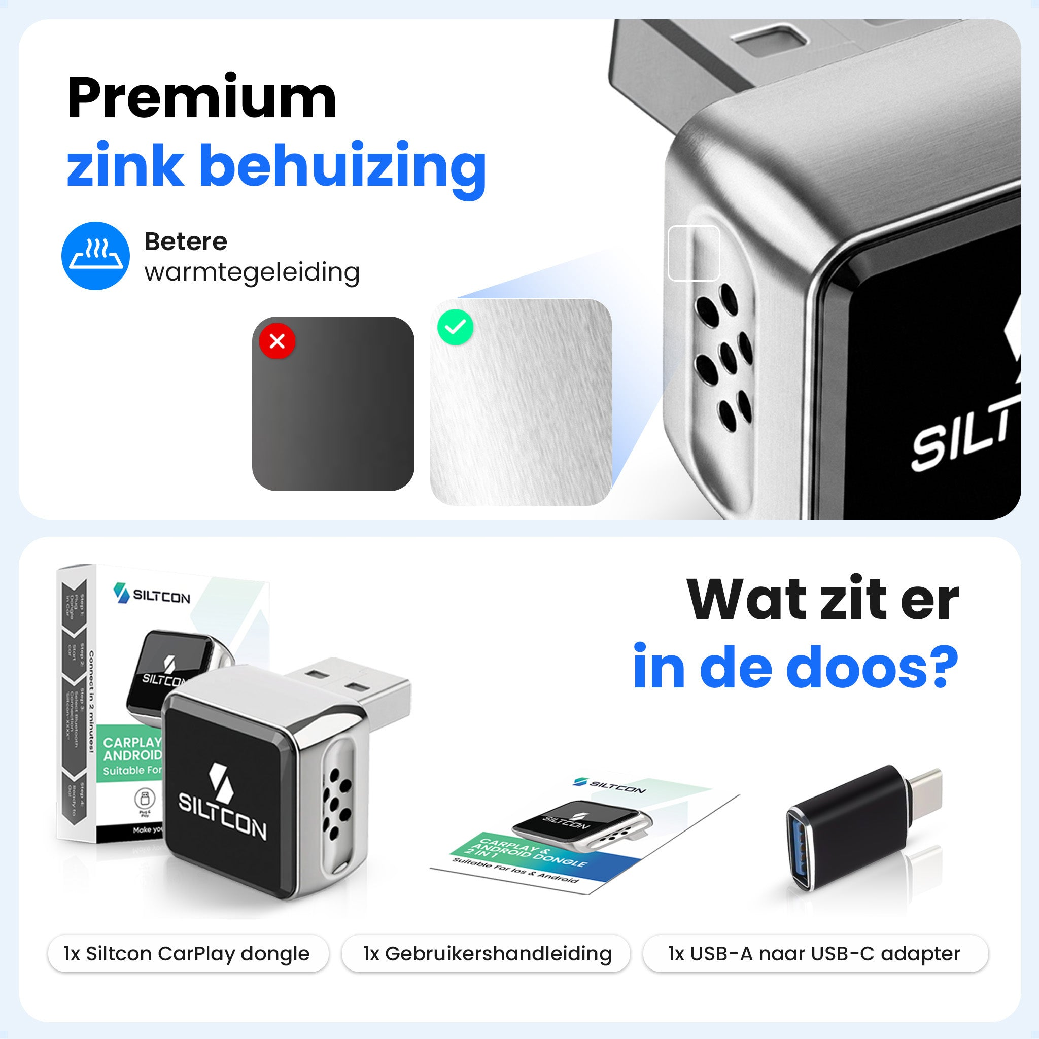 Siltcon CarPlay dongle met USB-A naar USB-C adapter en handleiding.