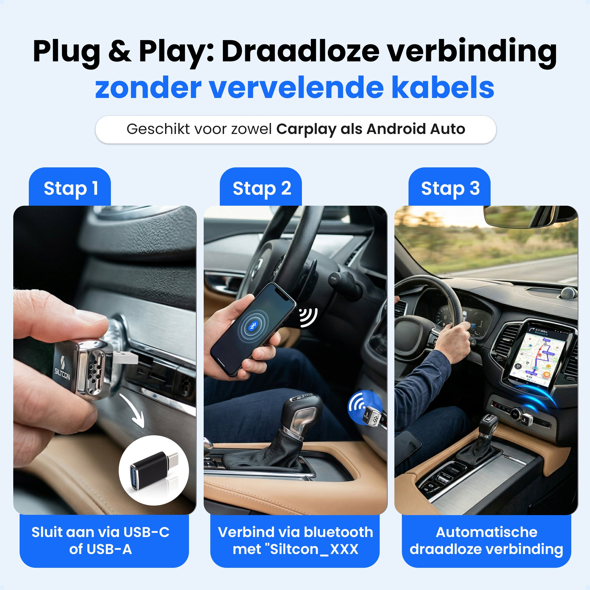 Gids: Sluit USB-C/A aan, verbind Bluetooth, automatische draadloze verbinding.