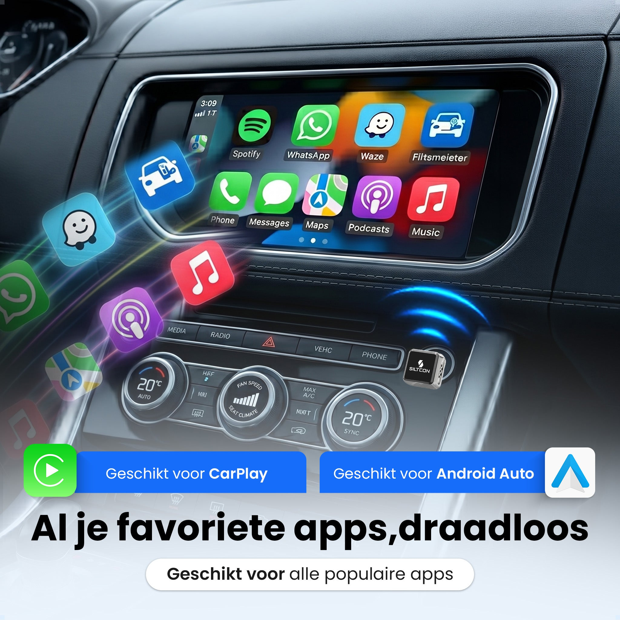 Auto interieur met infotainmentscherm dat app-iconen toont. Geschikt voor CarPlay.