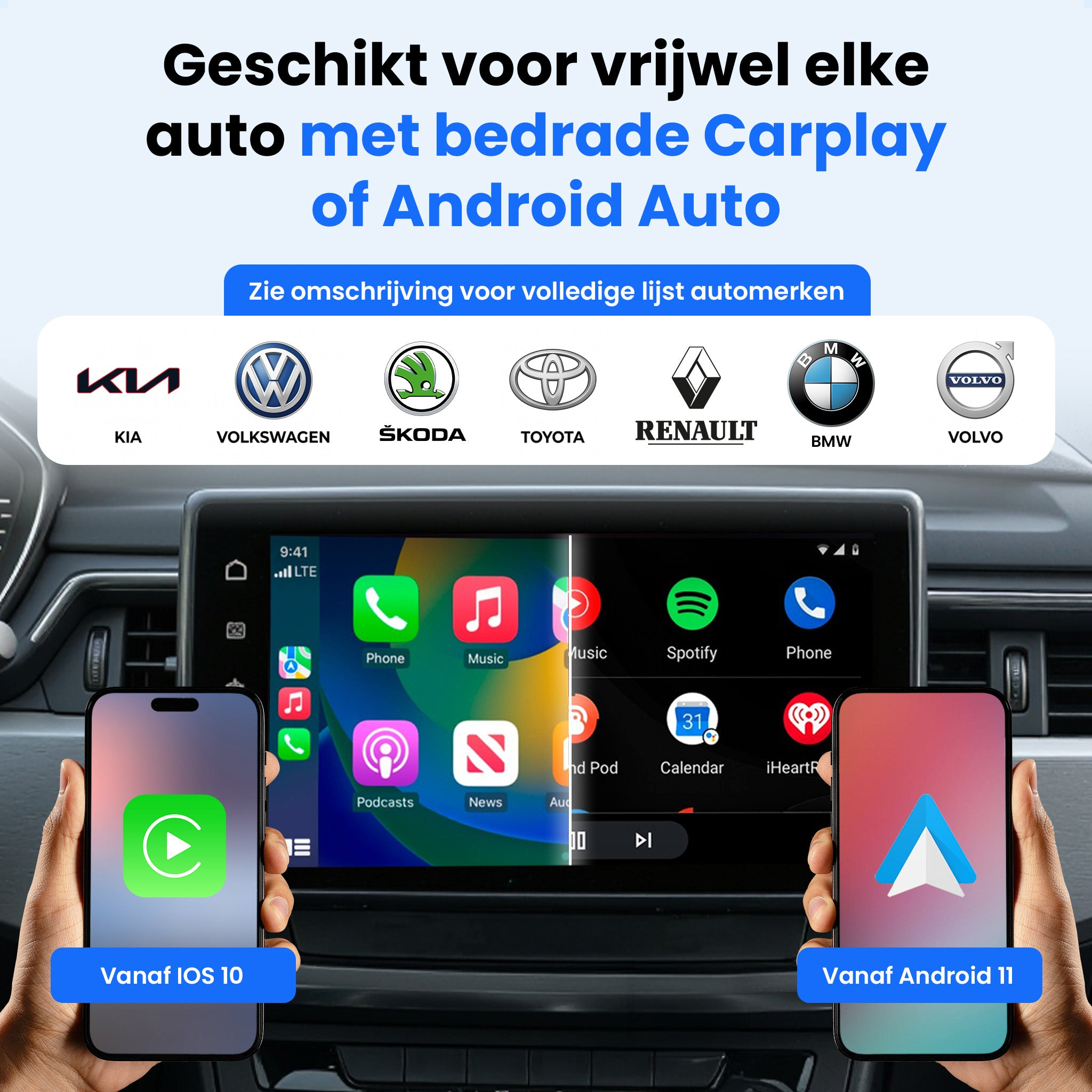 Auto-interieur met logo's, smartphone en infotainmentsysteem.