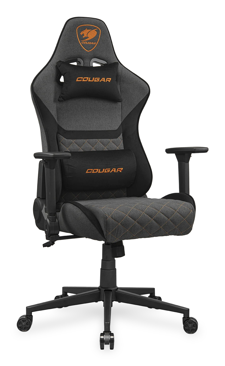 Sedia da gaming grigia con logo arancione e cuscini, su ruote.