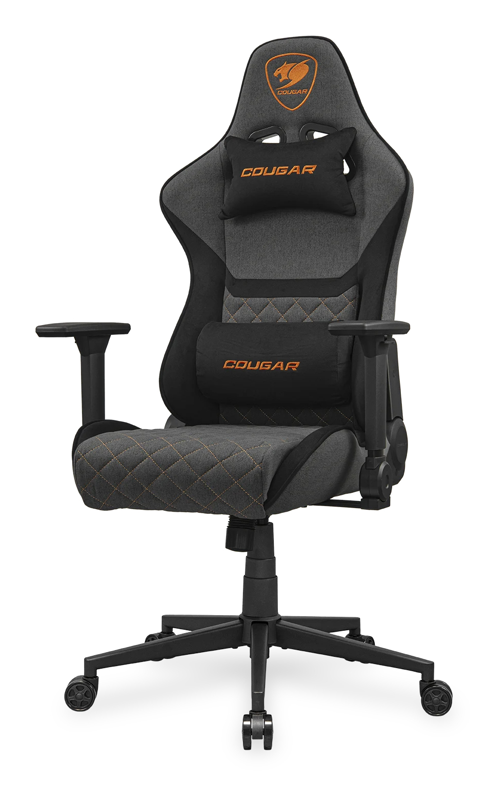 Una sedia da gaming grigia con accenti arancioni e logo Cougar.
