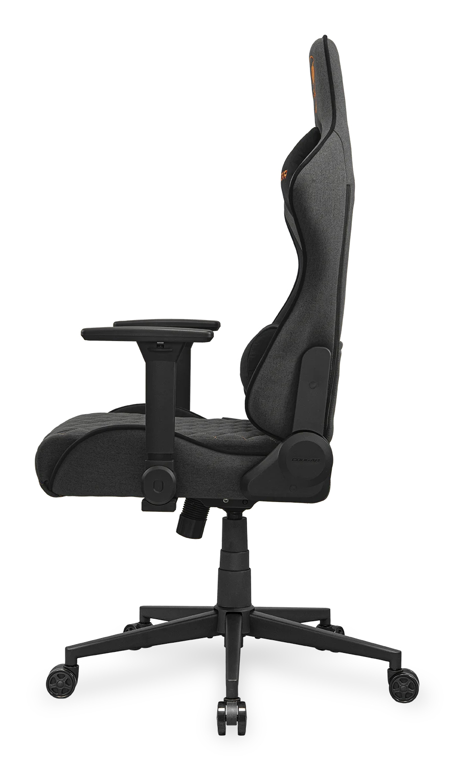 Sedia da gaming grigia con base e ruote nere, vista di lato.