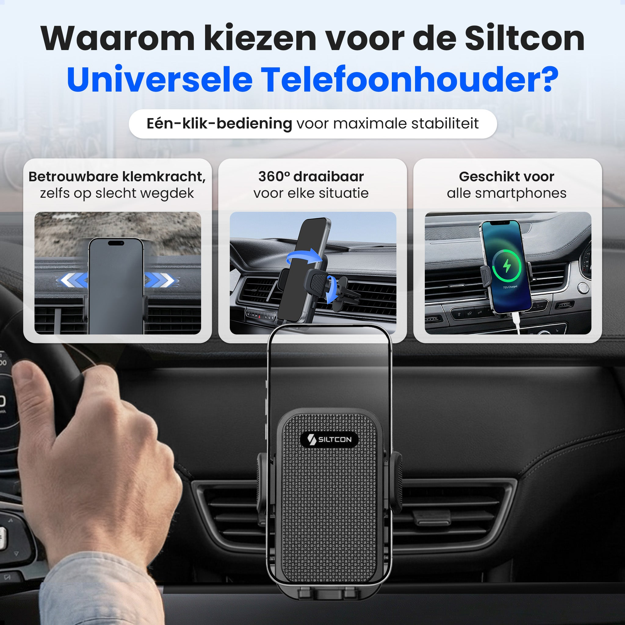 Un homme tenant un téléphone dans une voiture. Un support de téléphone est fixé à la grille de ventilation.