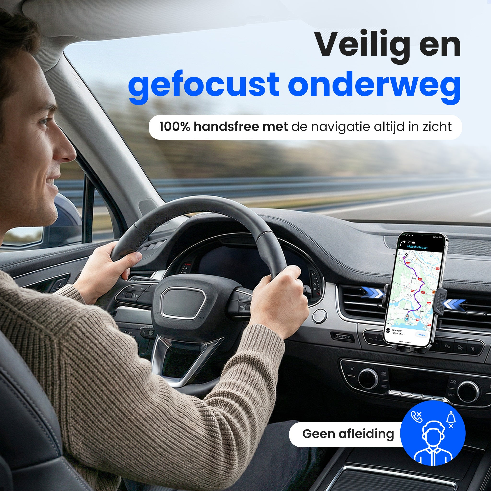 Homme conduisant une voiture, téléphone avec navigation sur le tableau de bord, texte: Sûr et concentré.