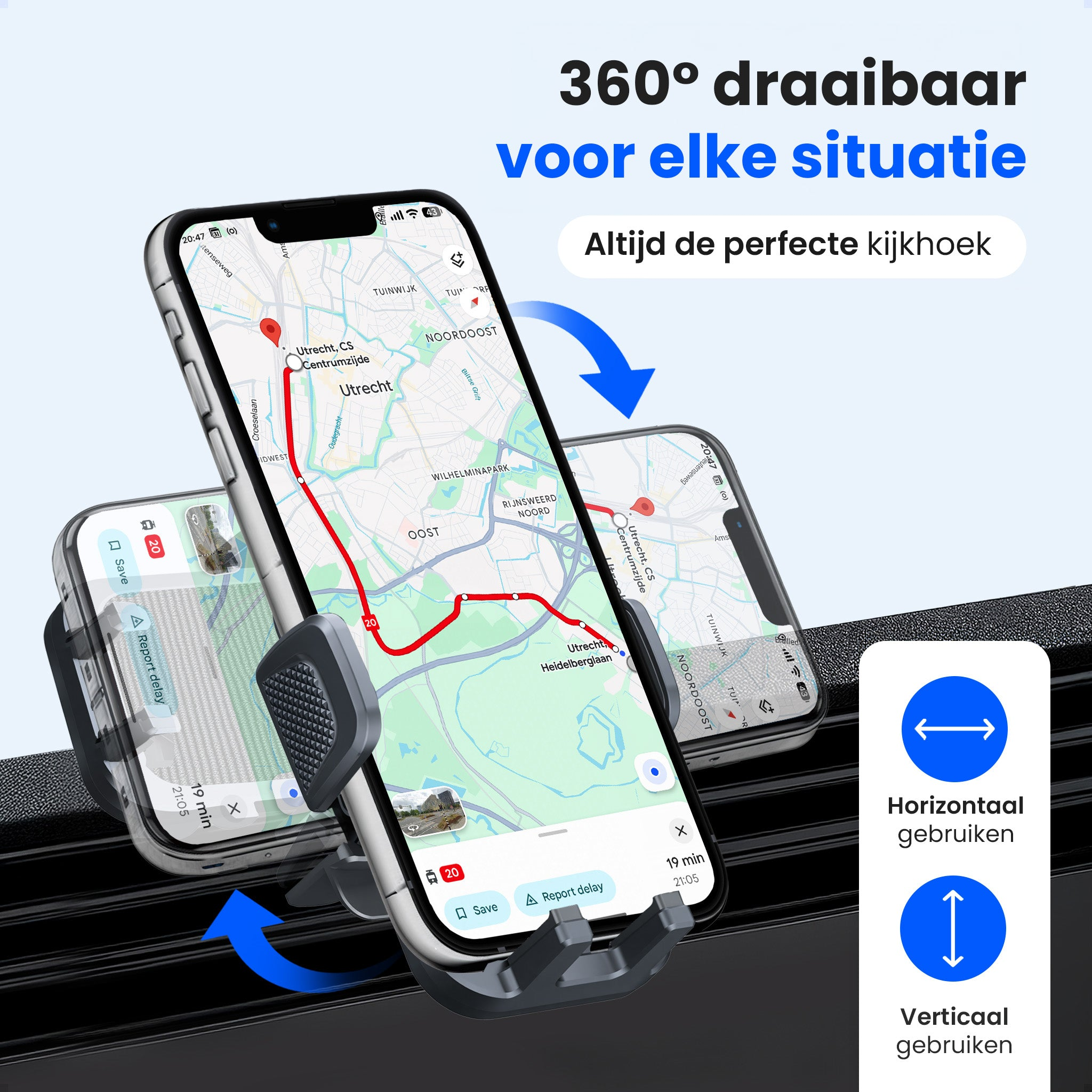 Téléphone dans un support voiture affichant une carte d'Utrecht. Montre l'usage horizontal et vertical.
