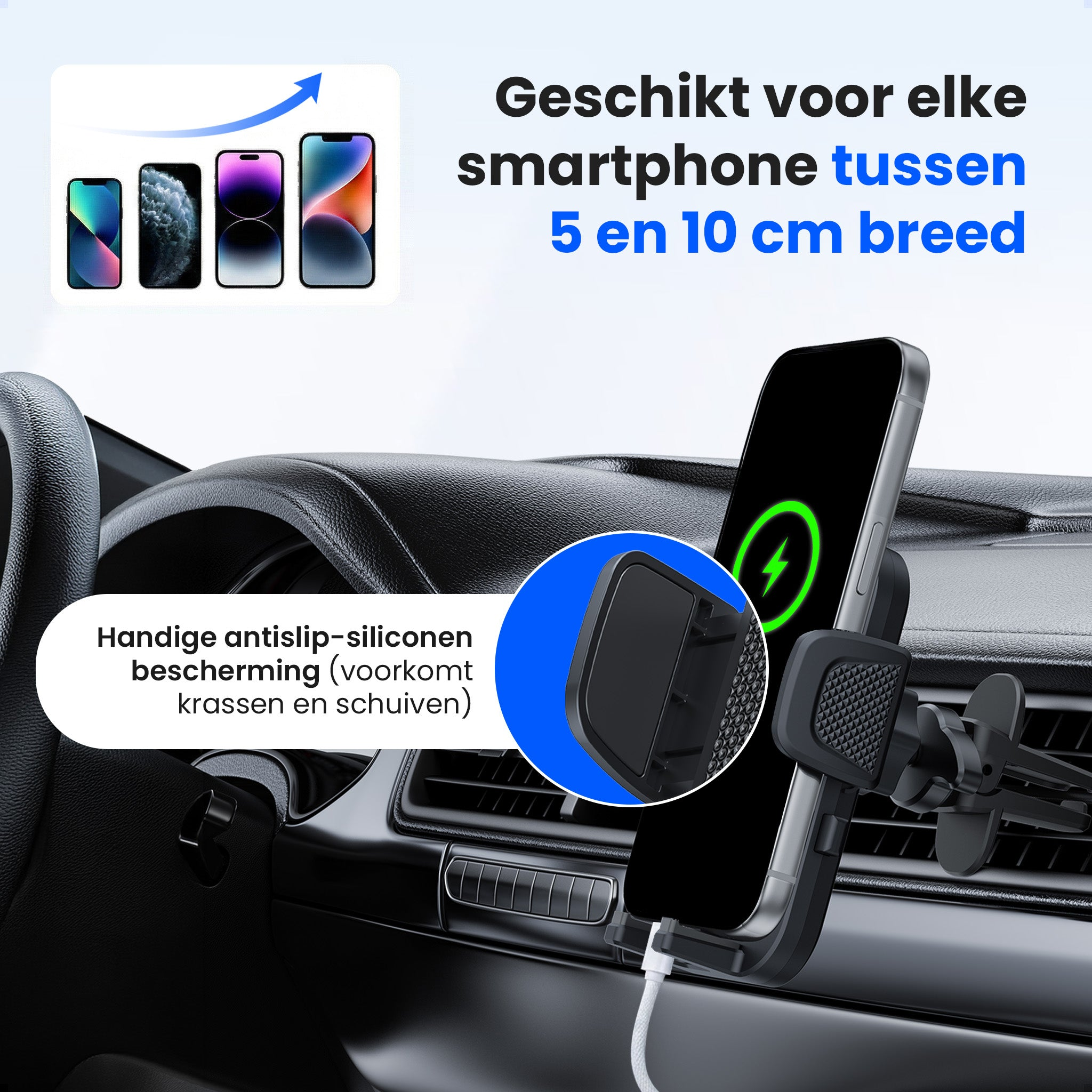 Support de téléphone de voiture avec charge, pour téléphones de 5-10 cm.