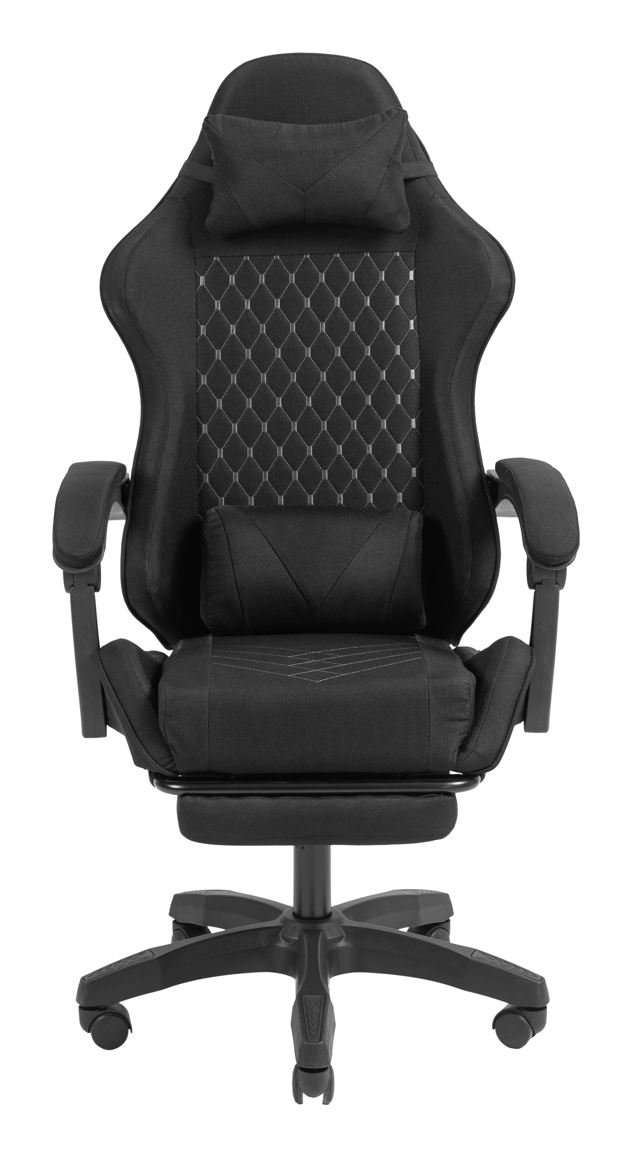 Sedia da gaming nera con braccioli regolabili, cuscino lombare e poggiapiedi estraibile.