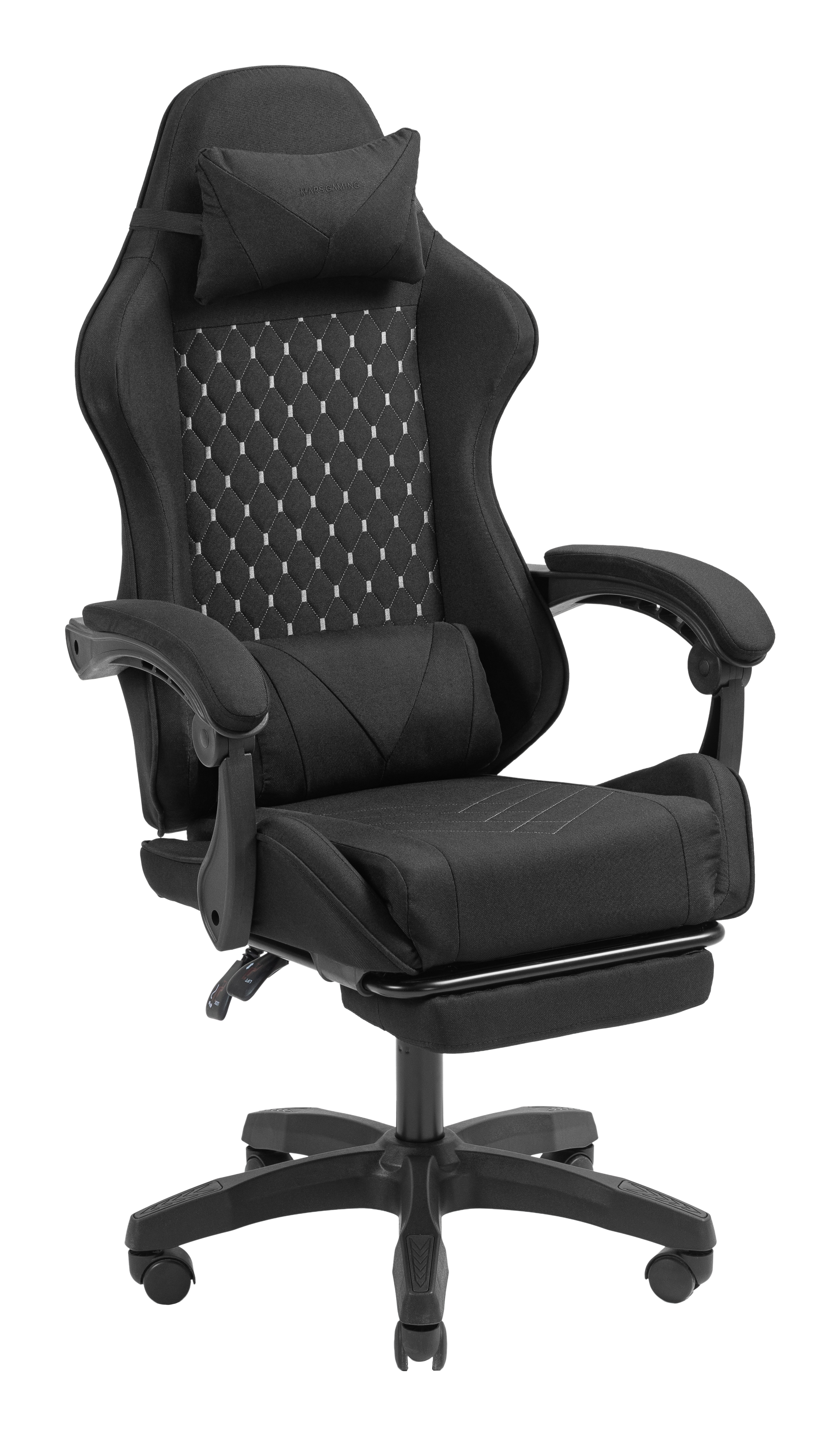 Sedia da gaming nera con poggiatesta, cuscino lombare e poggiapiedi estraibile.