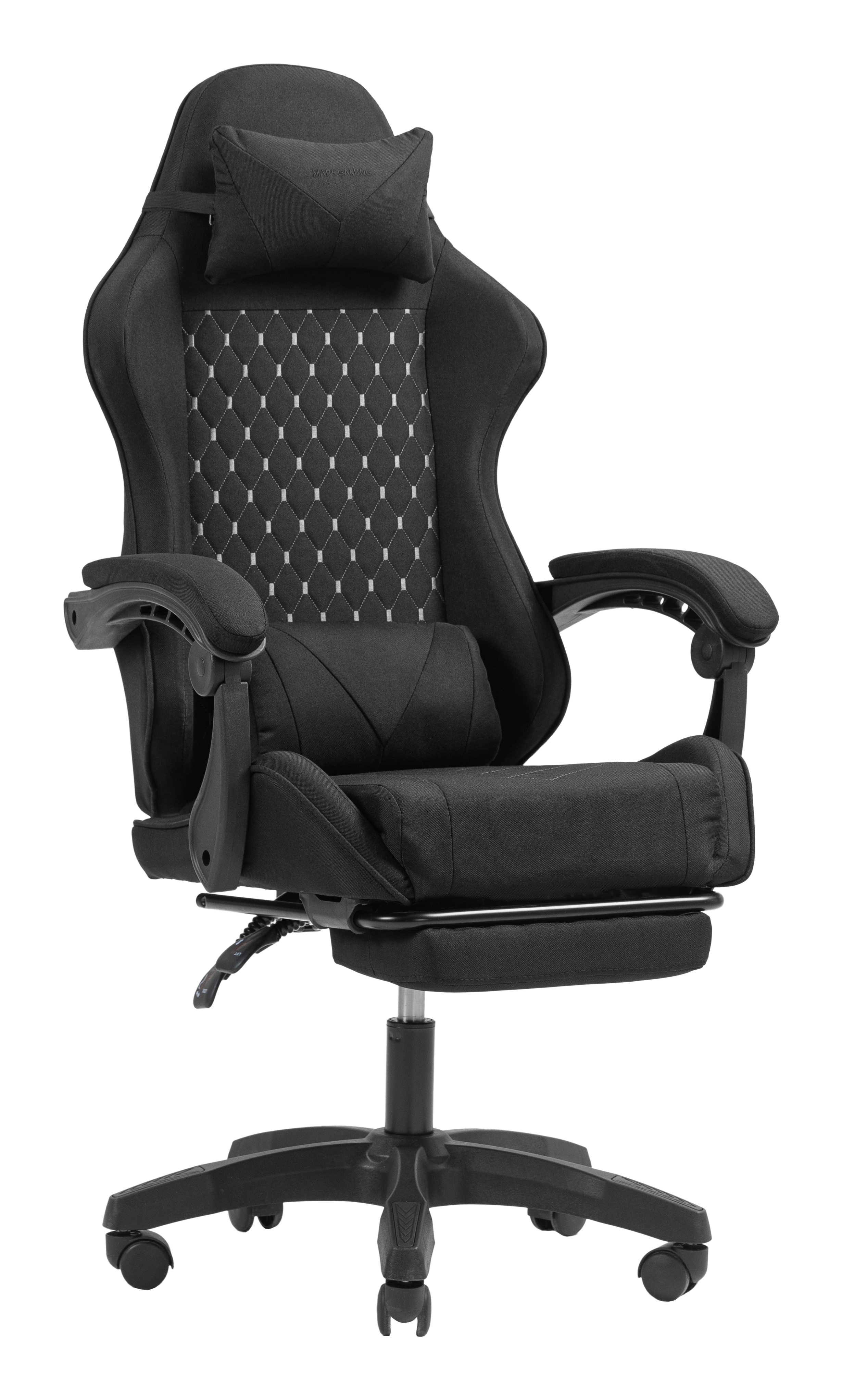 Sedia da gaming nera con cuscino cervicale e lombare, su ruote.