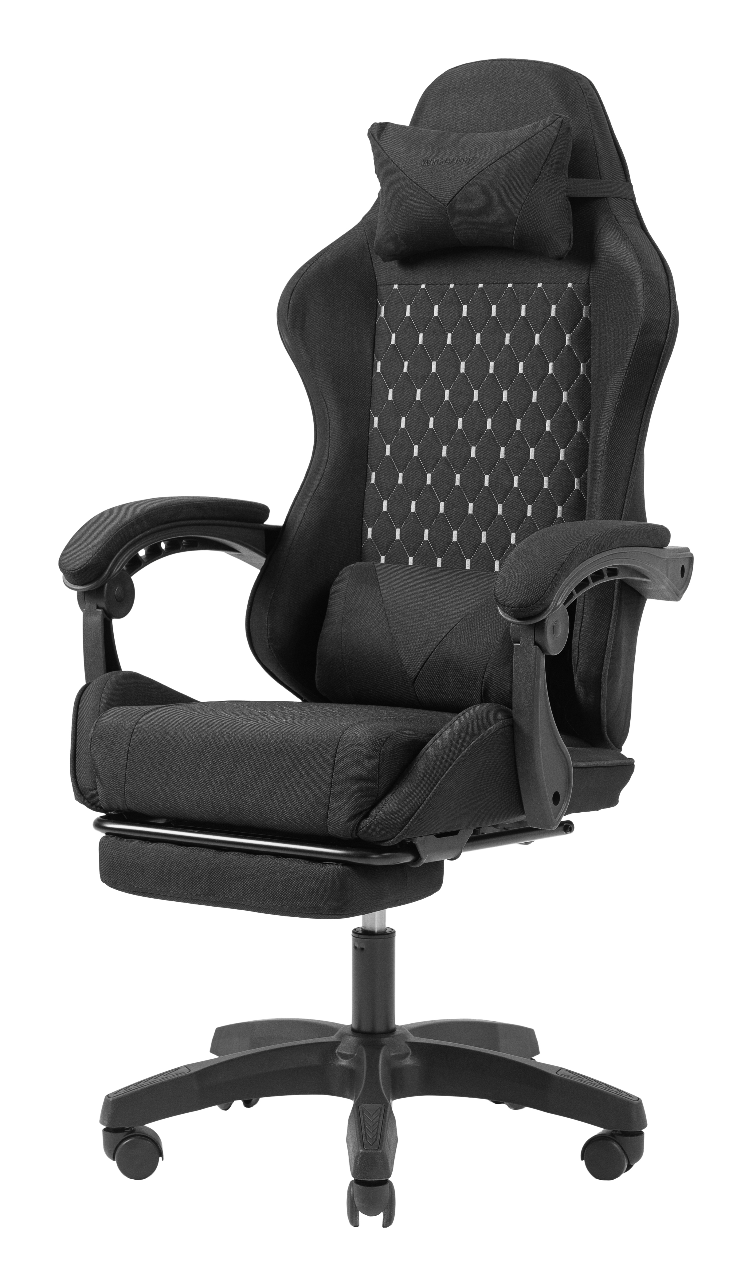Sedia da gaming nera con supporto lombare e poggiatesta regolabili.