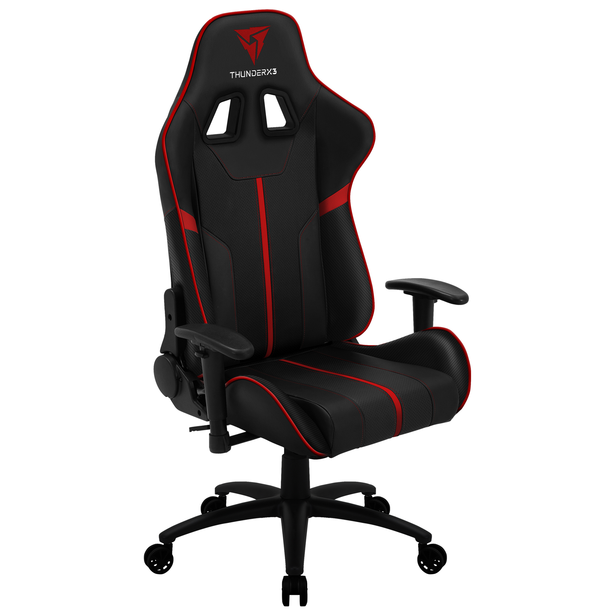Schwarzer Gaming-Stuhl mit roten Akzenten und einem Logo oben.