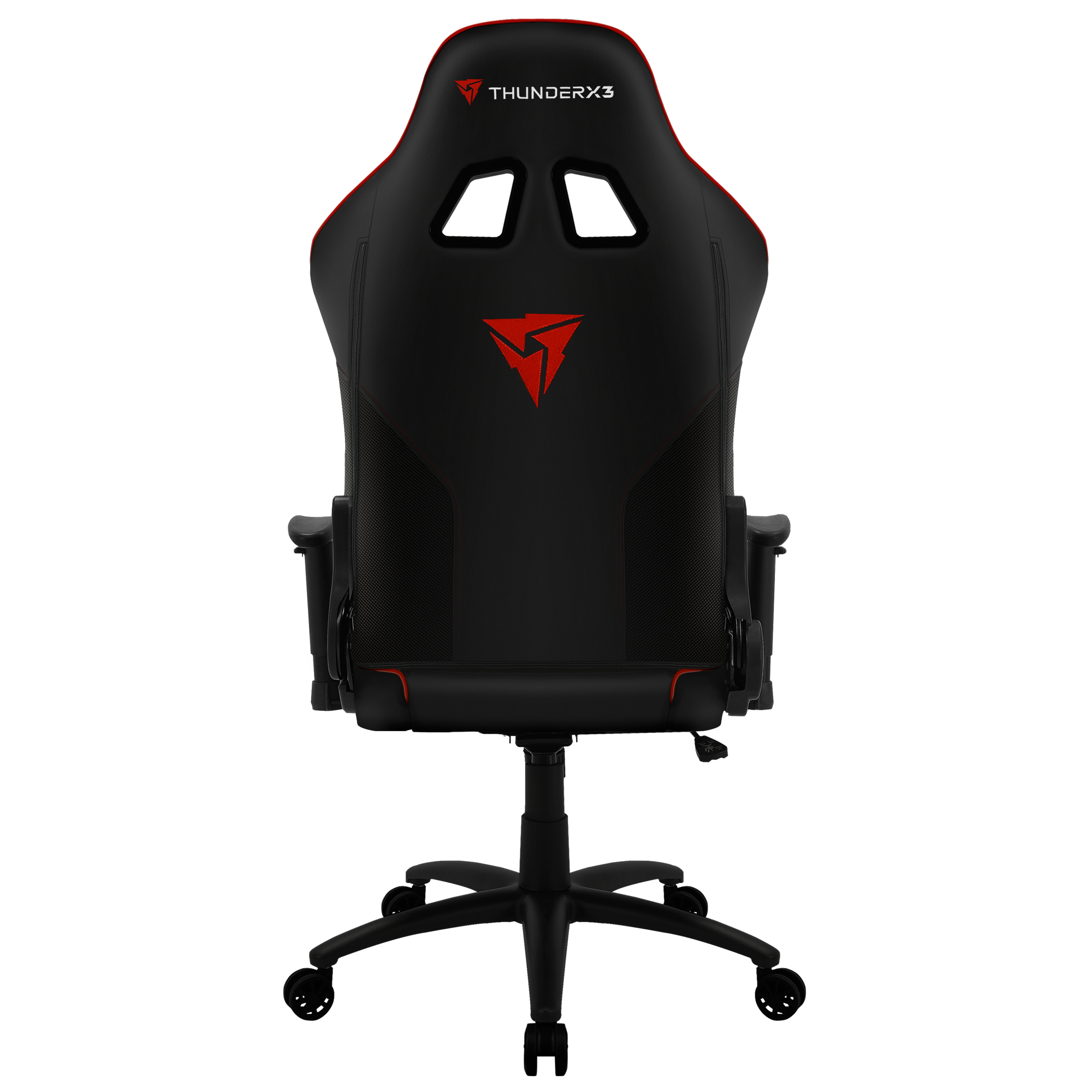 Schwarzer Gaming-Stuhl mit roter Naht und Logo, auf weißem Hintergrund.